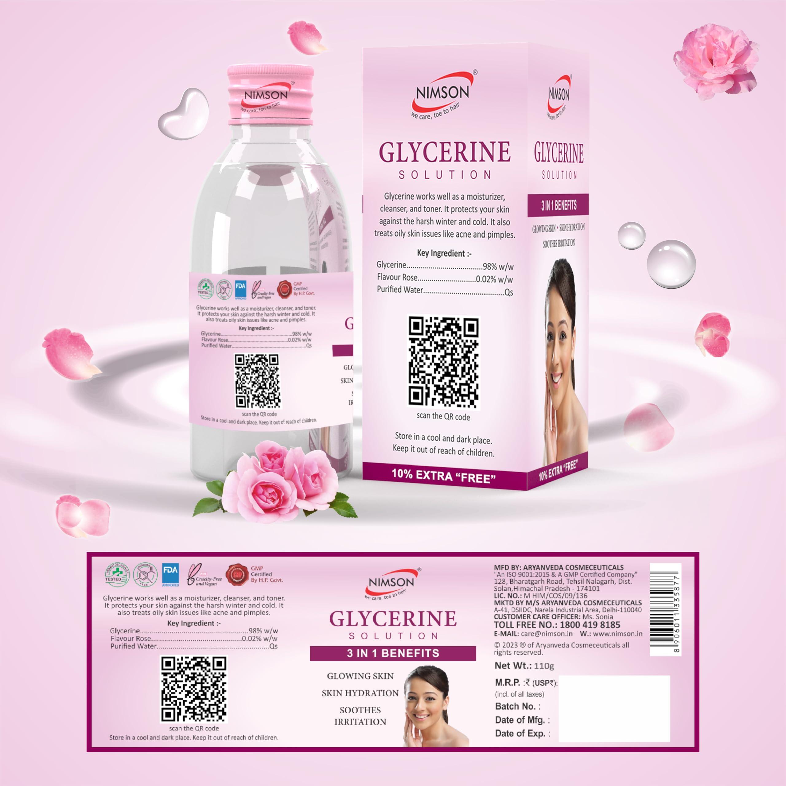 Nimson Nimson Glycerine for Skin Protection, Moisturizing and Promotes Healing and Soothes Irritation | Soft Glowing Skin | Ideal for Oily Skin | Suitable for all skin types | Pure & Vegan | (110ml) Pack of 2