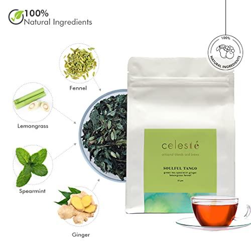 Celeste Celeste Green Tea SOULFUL TANGO Premium Whole Leaf, 100% Natural Ingredients Spearmint, Ginger, Lemongrass, Fennel and Green Tea, 50gm - 20 Cups