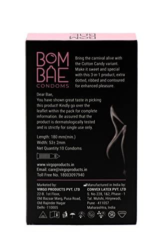 BOMBAE BOMBAE condoms Cotton Candy 3 in 1, Pack of 10 condoms for men family pack flavour Combo Pack of 10 (10 pieces per pack) 100 dotted condom combo pack offer men extra dotted, ribbed