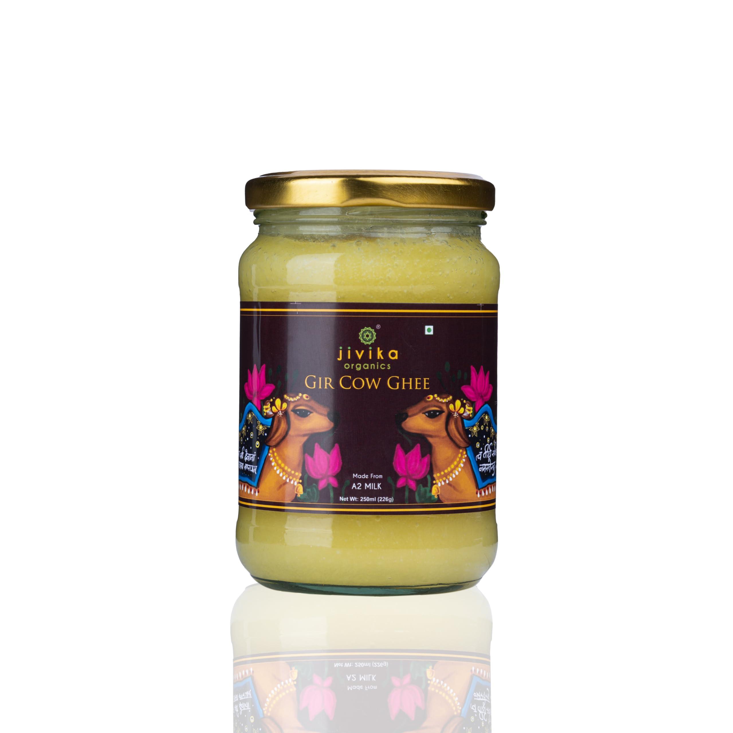 JIVIKA NATURALS Jivika Premium A2 Gir Cow Ghee 250ml | Vedic Bilona Method | Lab Tested | Pure Desi Cow Ghee | Hand Churned Two-way Direction | Churned from Curd | Pure Ghee | Danedar | Glass Jar