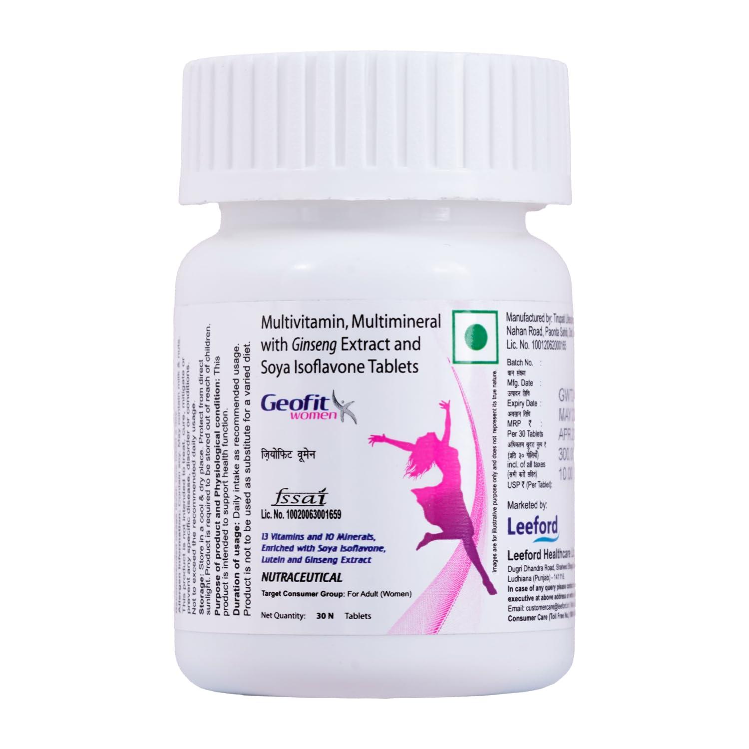 GEOFIT Geofit Multivitamin Tablets for Women with Biotin, Multiminerals and Ginseng Extract | Vitamin C, E & A | Health Supplement for Women | for Energy, Metabolism, Immunity & Stamina- 30 Tablets