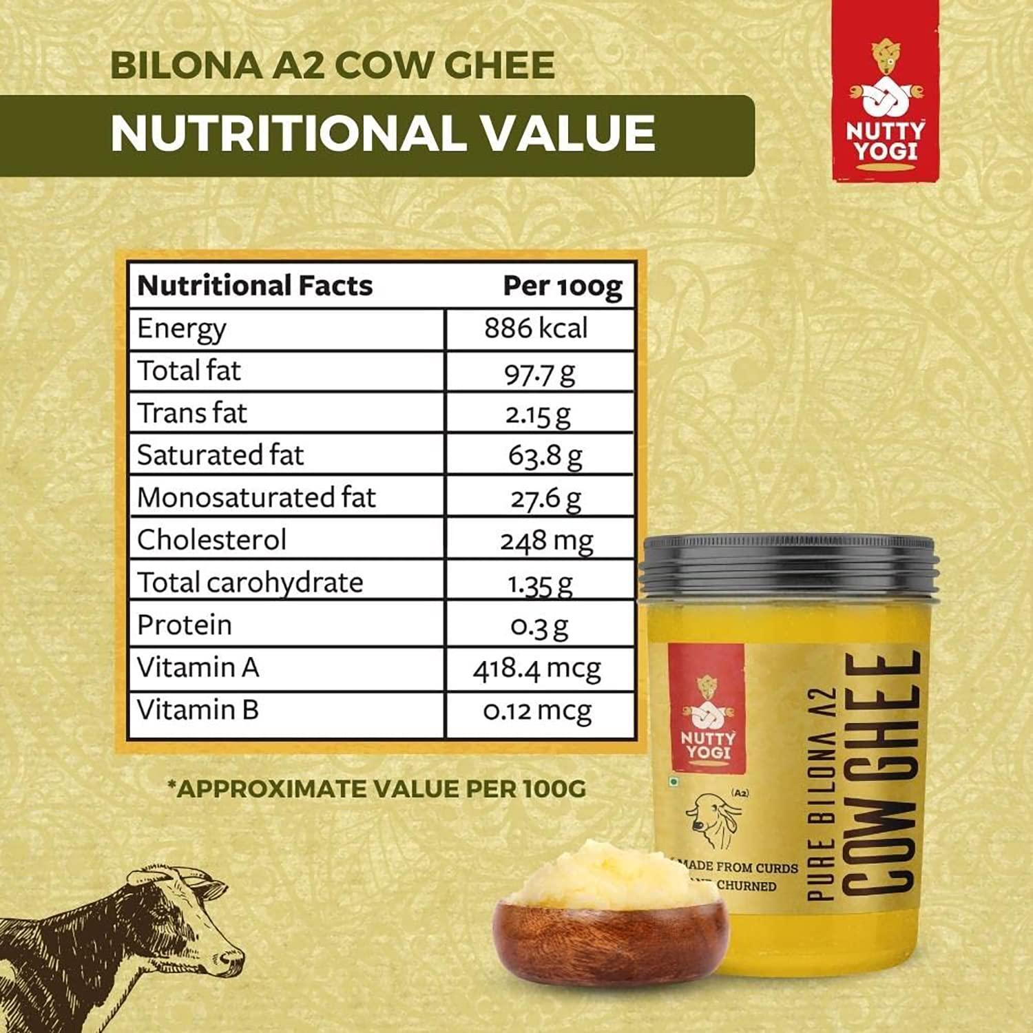 NUTTY YOGI Nutty Yogi Pure Bilona A2 Desi Cow Ghee 250ml | 100% Natural & Organic Ghee l Grassfed, Cultured, Premium & Traditional Ghee | Immunity Booster | Pure Ghee Handmade in Small batches I Bilona Method