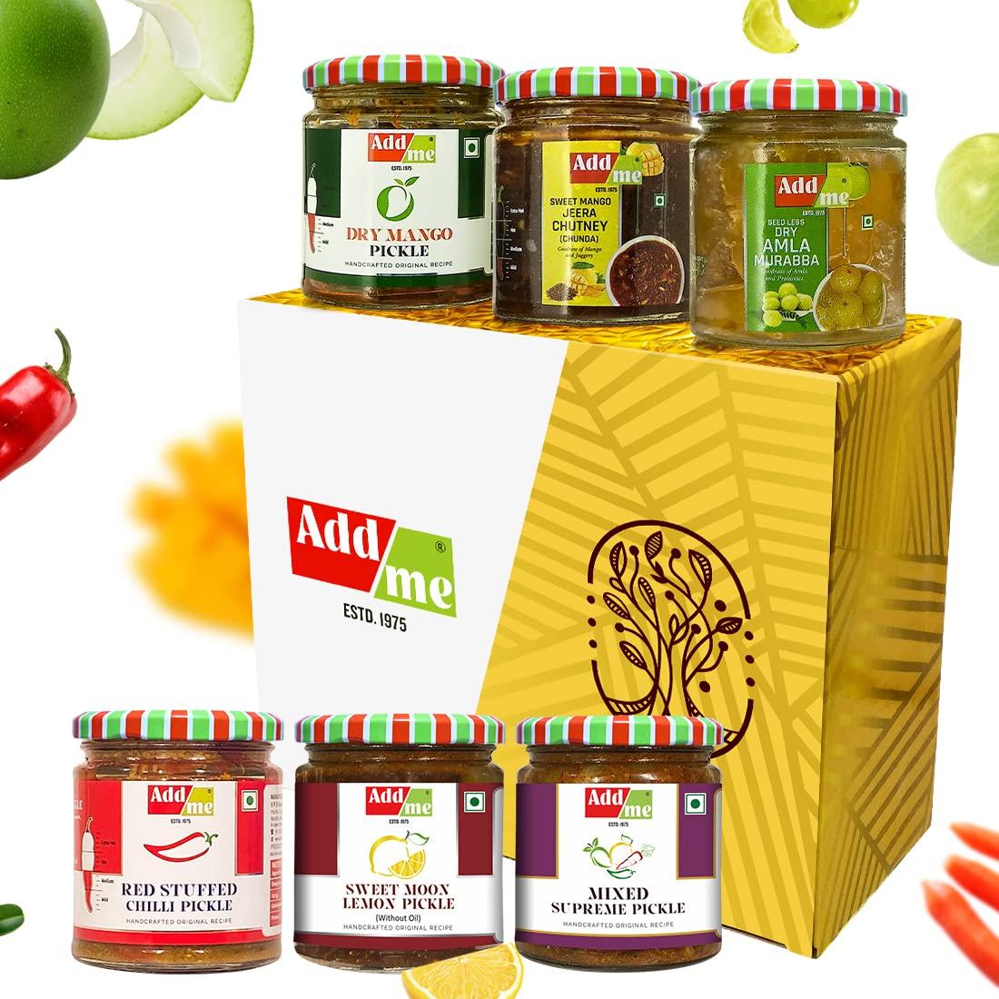 Add me Add Me 6 In1 Combo Pickle Mix Pickle 200Gm, Amla Murabba 200Gm, Mango Pickle 150Gm, Lemon Pickle 200Gm, Chilli Pickle 200Gm, Sweet Mango Jeera Chutney 200Gm