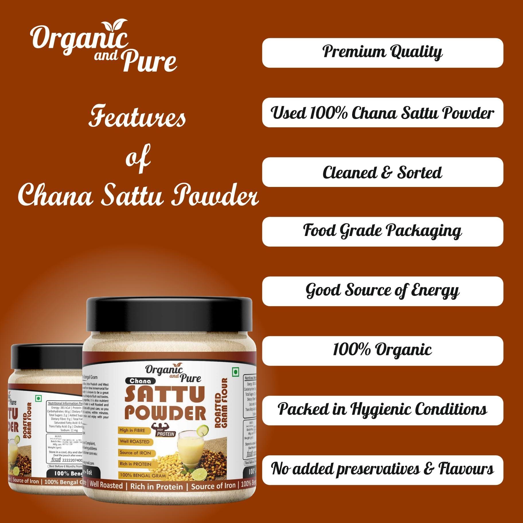 Organic and Pure Organic and Pure Chana Sattu Powder | Chana Ka Sattu | Roasted Gram Flour for Drink, Weight Gain, Protein, Muscle Gain (Jar Pack) (150g)