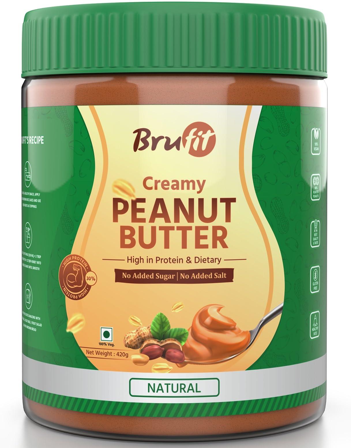 Brufit BruFit Natural Peanut Butter | 30g Protein | Unsweetened Healthy Nut Butter Spread with NO added Sugar | No-Cholesterol & Gluten | Zero Tans Fat | Creamy Peanut Butter (420 g)