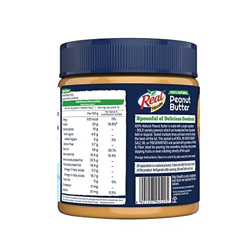Real Real Health 100% Natural Peanut Butter (Creamy) - 350gm | Unsweetened | High Protein with 10g Protein per serve | For Fitness conscious, gym goers | Zero Trans Fat | Gluten Free | Non-GMO Peanuts