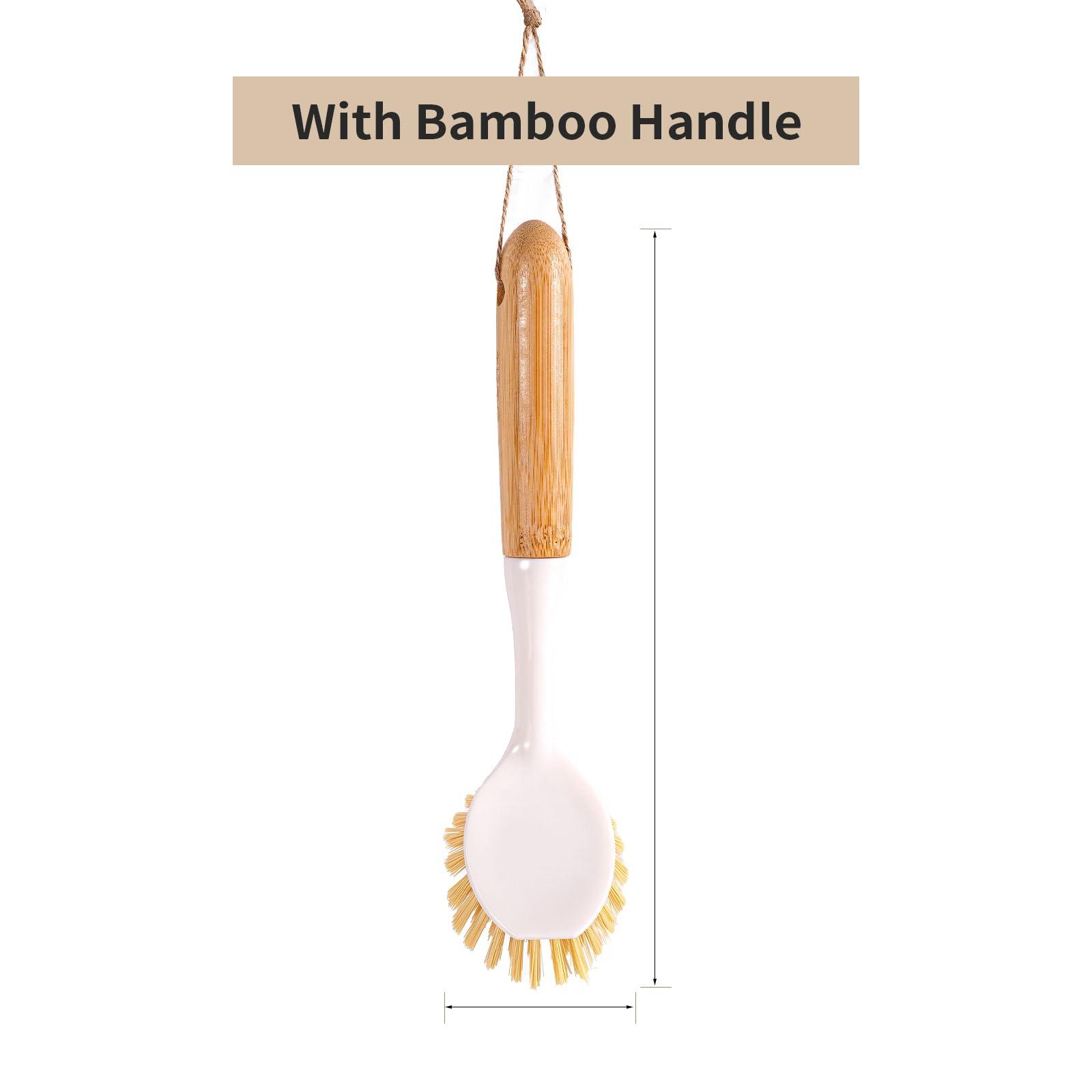 TEZZ 2 Pack Kitchen Dish Brushes with Bamboo Handle, Dish Scrubber Built-in Scraper, Scrub Brush for Pans, Pots, Counter & Kitchen Sink Cleaning, Dishwashing and Cleaning, Perfect Cleaning Tools, White