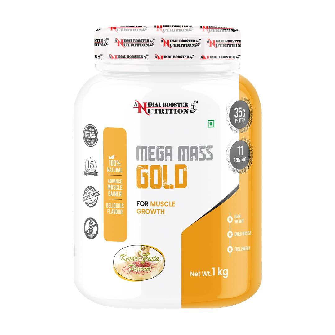 ANIMAL BOOSTER NUTRITION Animal Booster Nutrition Mega Mass Gold Weight Gainer, 35gm Of Protein in 90gm of Serving, For Weight Gain, Build Muscle & Fuel Energy Kesar Pista(11Servings/1KG)