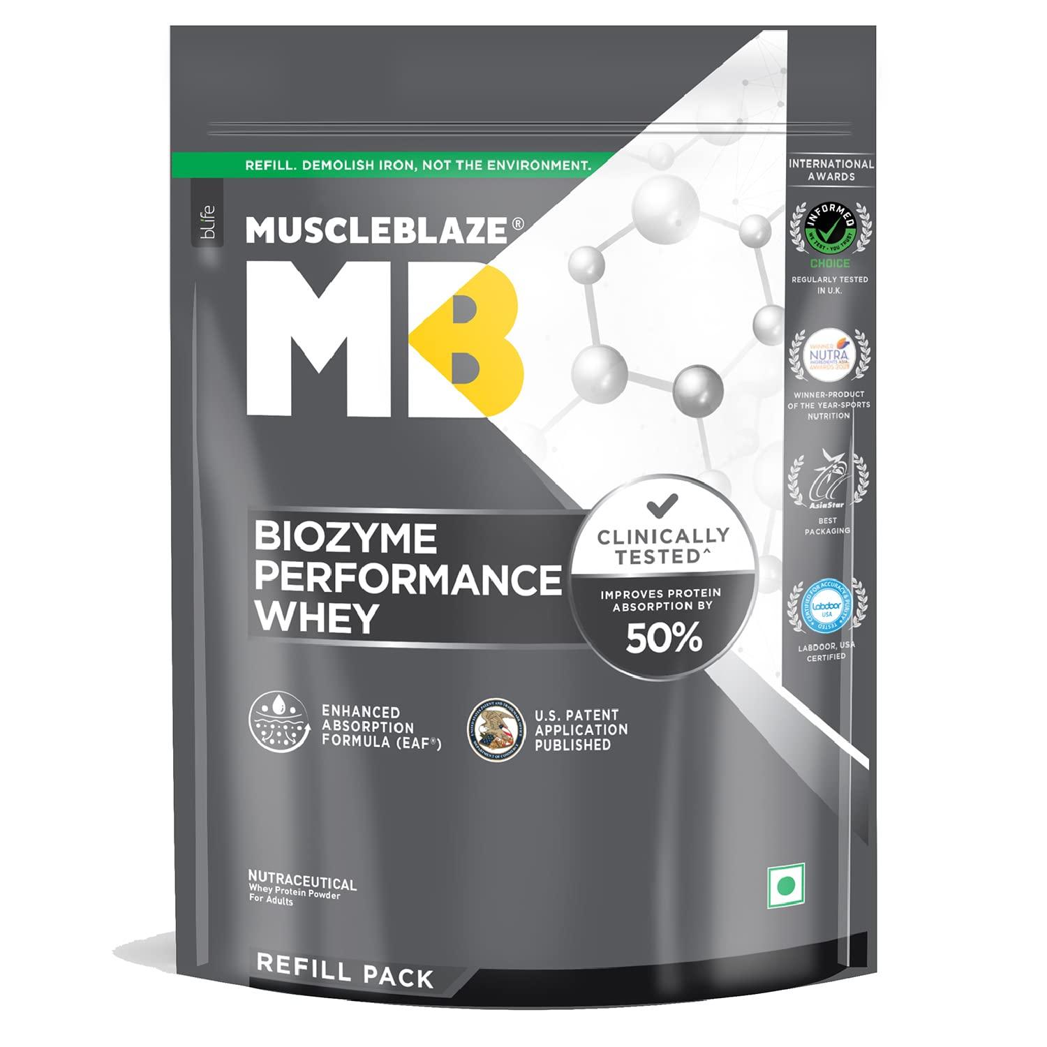 MuscleBlaze MuscleBlaze Biozyme Performance Raw Whey Protein | Clinically Tested 50% Higher Protein Absorption | Informed Choice UK, Labdoor USA Certified & US Patent Filed EAF (Unflavoured, 1 kg / 2.2 lb)