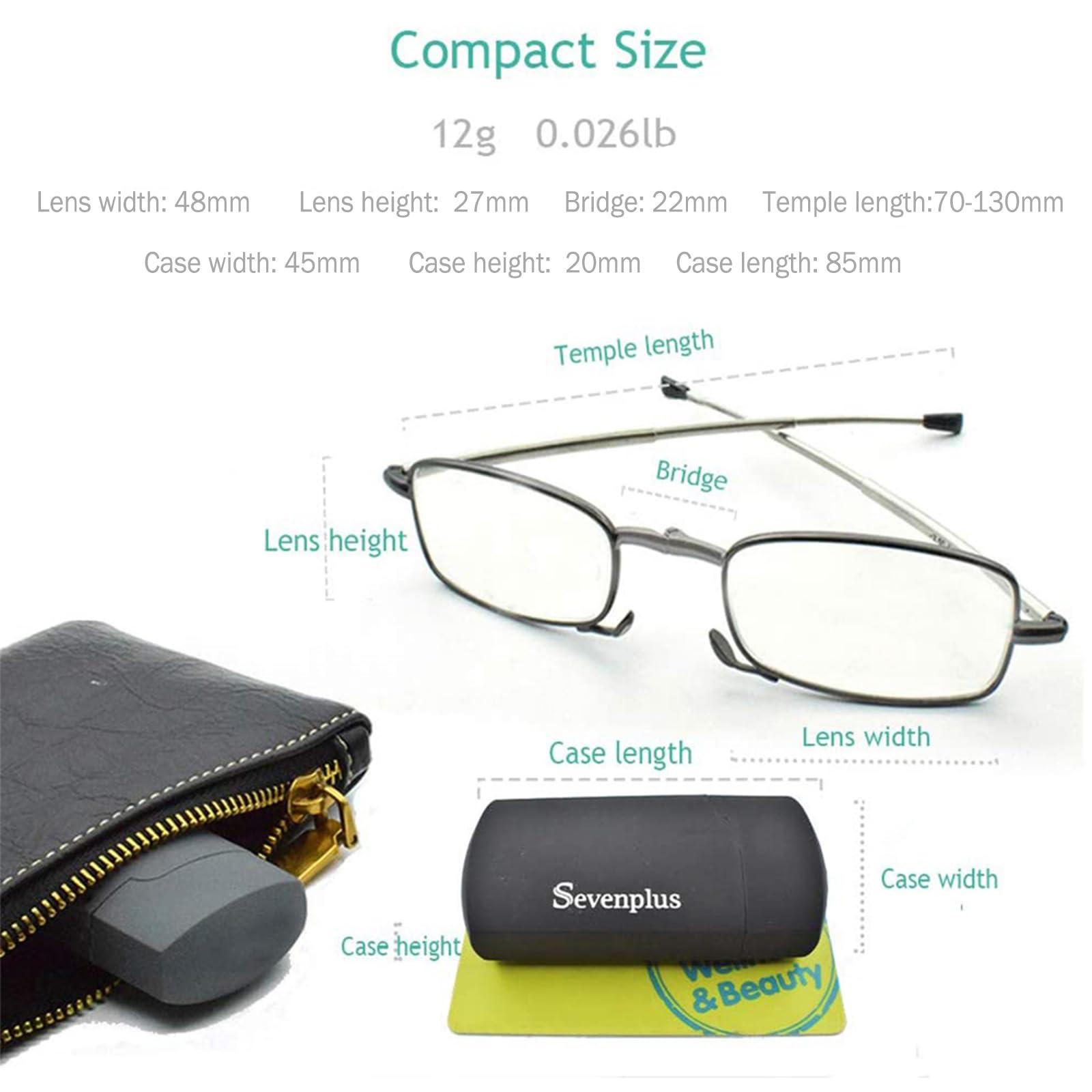 sevenplus 2 Pairs Blue Light Blocking Glasses Anti UV Glare Eyestrain Compact Folding Reading Glasses for Unisex with Cases Wiping Cloths 1.75X