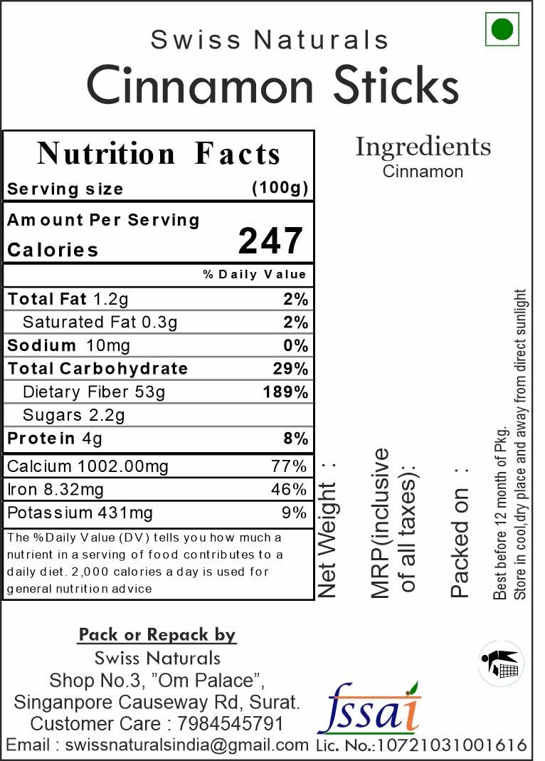 Swiss Naturals Swiss Naturals Cinnamon Sticks Organic | Dalchini Stick | Cassia Cinnamon Whole, 100g