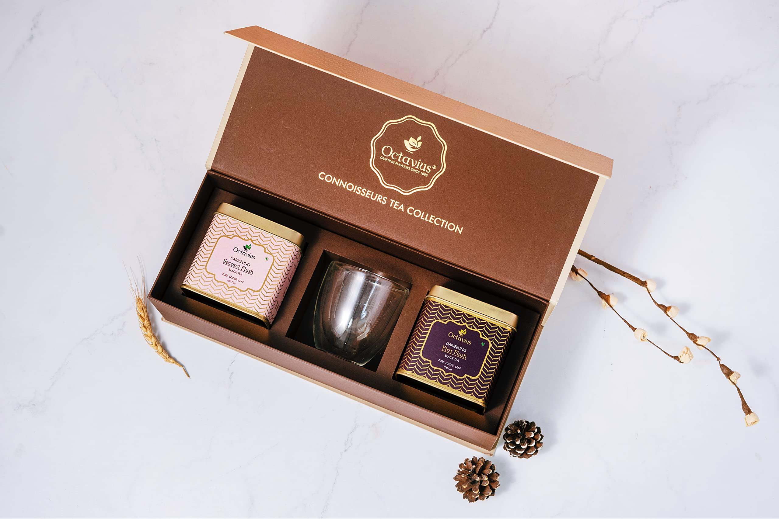 Octavius Octavius Connoisseurs Tea Collection | Premium Darjeeling Loose Leaf Teas | First Flush, Second Flush | With Double Wall Glass - 200 Gm (100 Gm Each)