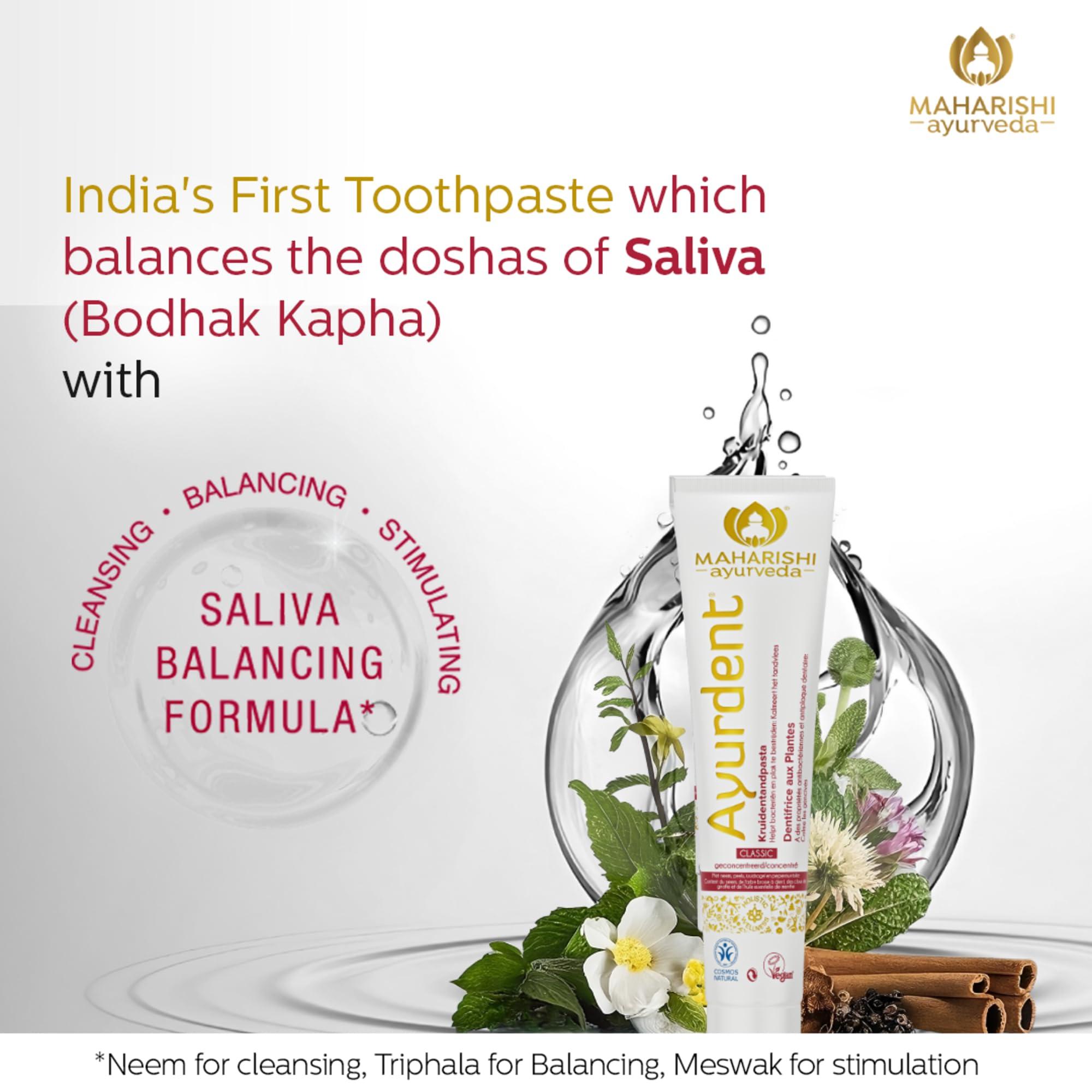 Maharishi Ayurveda Maharishi Ayurveda Ayurdent Classic Toothpaste | Unique Saliva Balancing Formula | For Toothache, Bleeding Gums, Sensitivity, Cavities, Plaque & Bad breath | Non Foaming, SLS & Fluoride Free Pack of 4