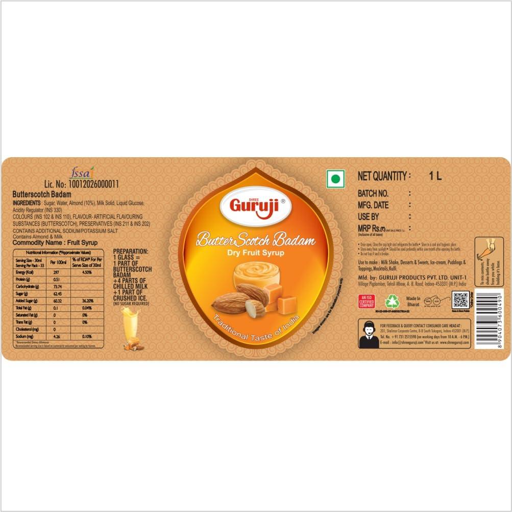 SHREE Guruji Shree Guruji Butter Scotch Badam Milk Beverage Refreshing Drink for Summer Dry Fruit Syrup Sharbat Instant Refreshing Drink (1 Litre)