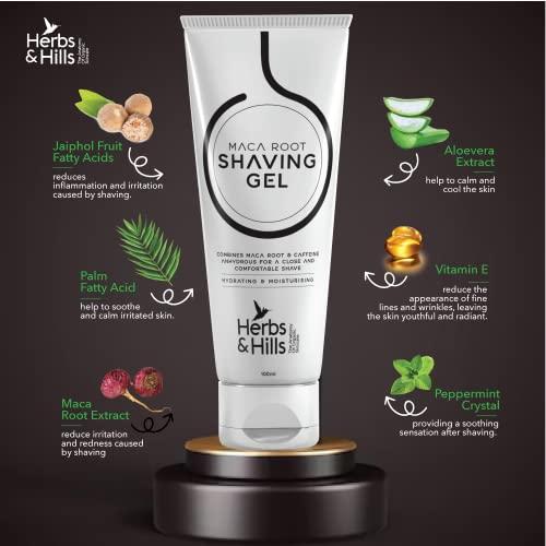 HERBS & HILLS Herbs & Hills Shaving Gel for Mens - 100ml Combines MACA Root & Caffeine Anhydrous for a Close and Comfortable Shave, Protect Skin from Redness, Irritation & Razor Burn Better than Foam