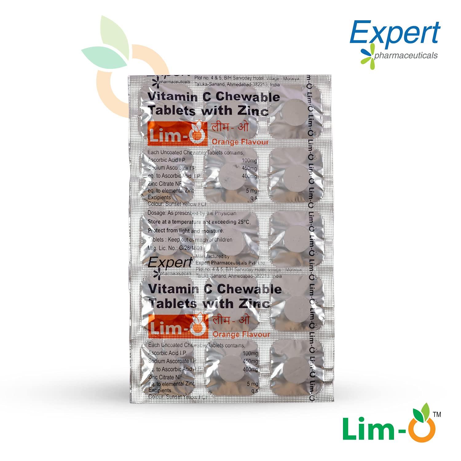 Lim-O Lim-O Vitamin C(500mg) & Zinc, Chewable Tablets for Immunity Skin Vegan Formula For Men Women, Orange Flavour (60 Tablets)