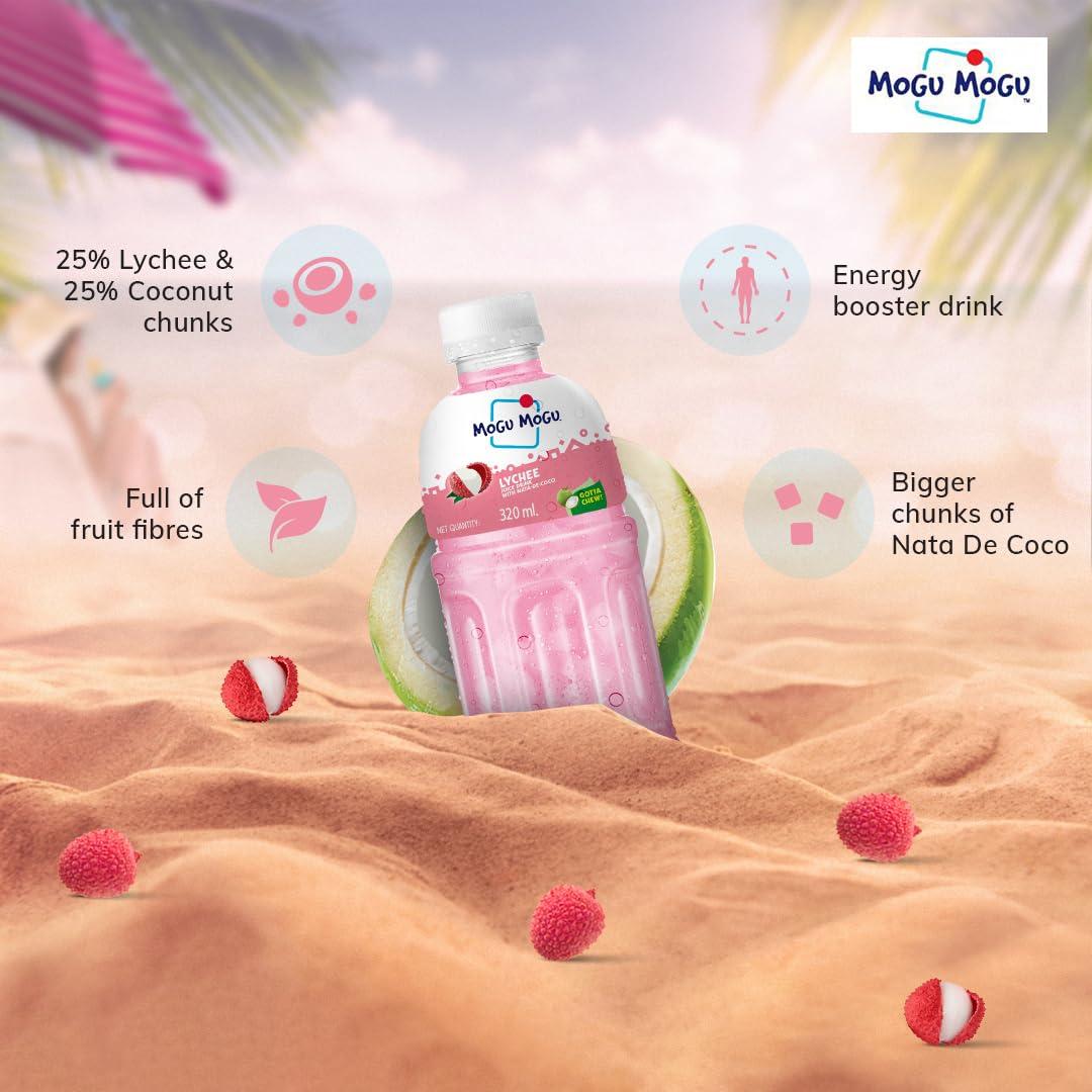 Mogu Mogu Mogu Mogu Lychee Juice with 25% NATA De Coco | Energy Booster Drink | Full of Natural Fruit Fibres | No Added Preservatives and Artifical Colours - 300ml(Pack of 12)