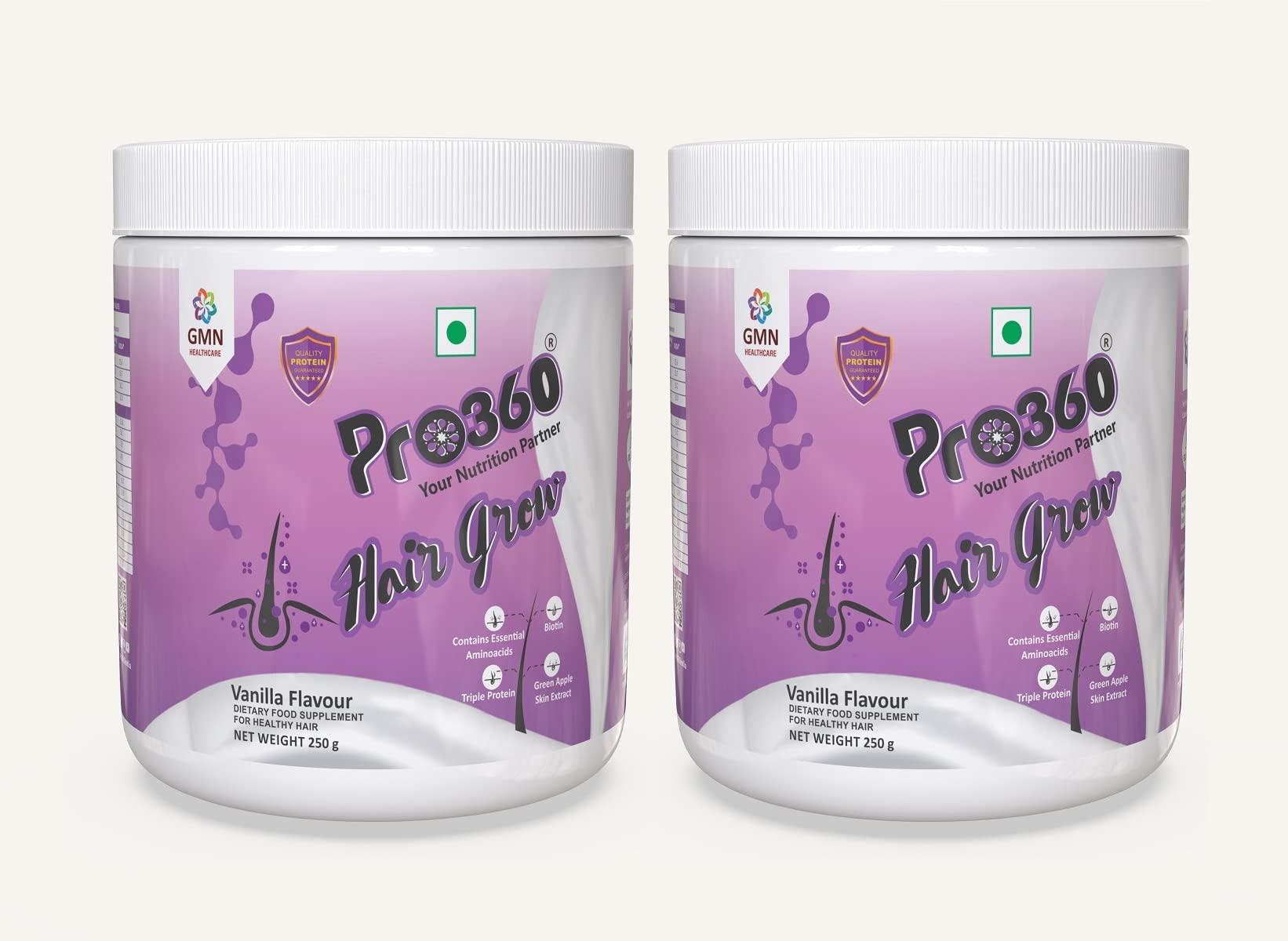 PRO360 Pro360 Hair Grow Protein Powder for Healthy Hair Growth Nutrition Supplement for Men and Women - Enriched with Biotin and Green Apple Skin Extract - Vanilla Flavor (250+250) g Pack of 2