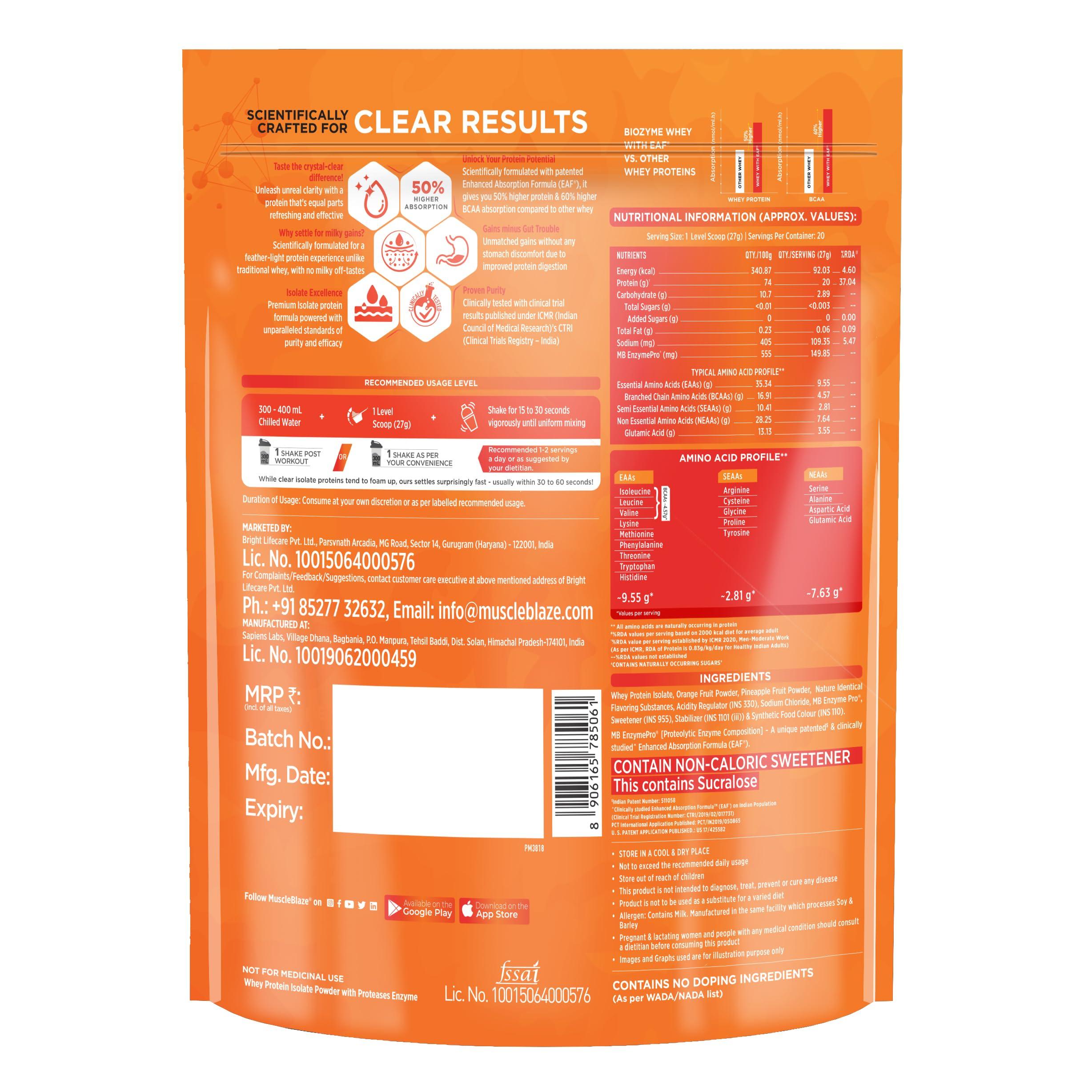 MuscleBlaze MuscleBlaze Biozyme Clear Whey Protein Isolate | 20g Protein, 92 Calories, Zero Added Sugar (Icy Orange Flavour, 20 Servings)