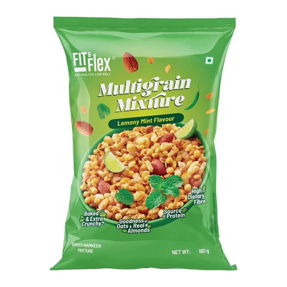 FIT & FLEX Fit & Flex Multigrain Mixture Extra Baked Namkeen and Healthy Snacks Zero Cholesterol High Dietary Fibre All-time Party Tasty Crunchy Snack Lemony Mint - Pack of 1, 180gm