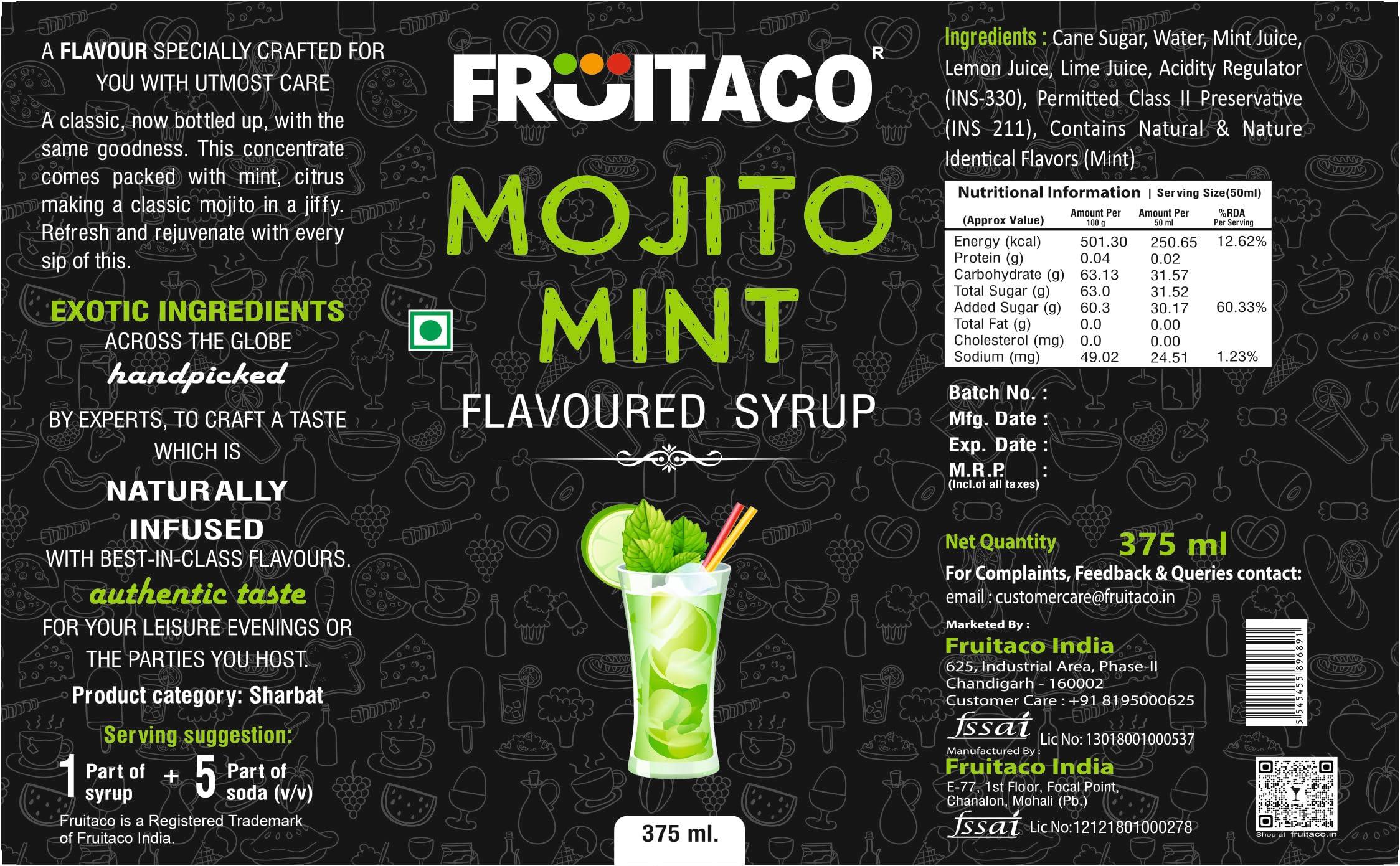 Fruitaco Fruitaco Blue Curacao Liquid Syrup Grenadine Green Mint Mojito Mint - Mocktail Syrup, Cocktail Mix, Cocktail Syrup Mojito Syrup Perfect For Mocktails&Cocktails,Mint Syrup Flavor Pack Of 4 (375 Ml)