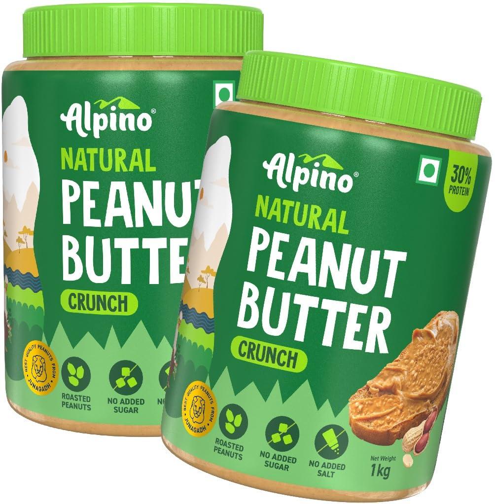 Alpino ALPINO Natural Peanut Butter Crunch 2kg - 100% Roasted Peanuts - 30g Protein, No Added Sugar & Salt, Gluten Free Plant Based, Unsweetened Peanut Butter Crunchy - 1kg, Pack of 2