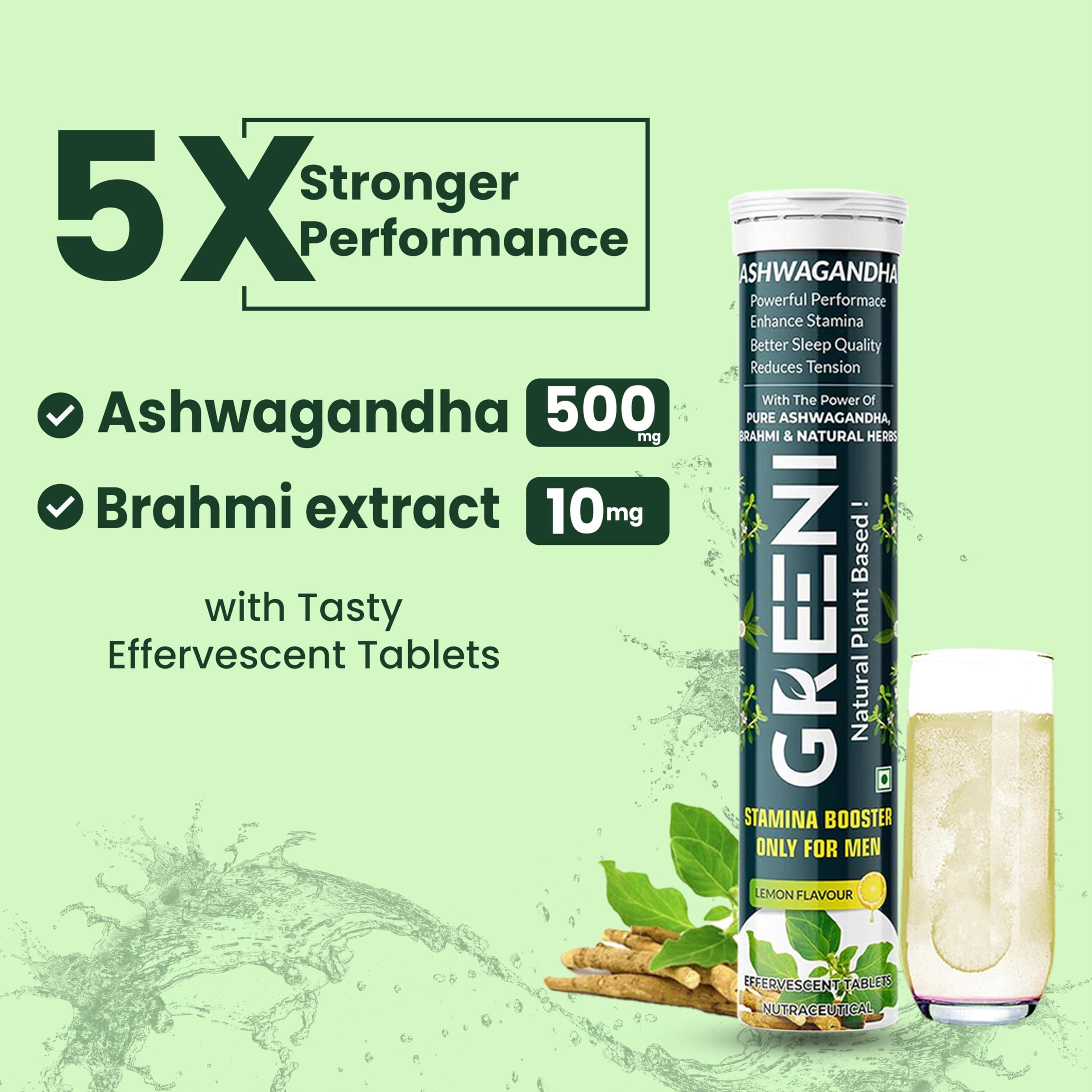 Greeni Greeni Ashwagandha Effervescent Tablets with Brahmi and Natural Herbs (Pack of 4, 60 Tablets)