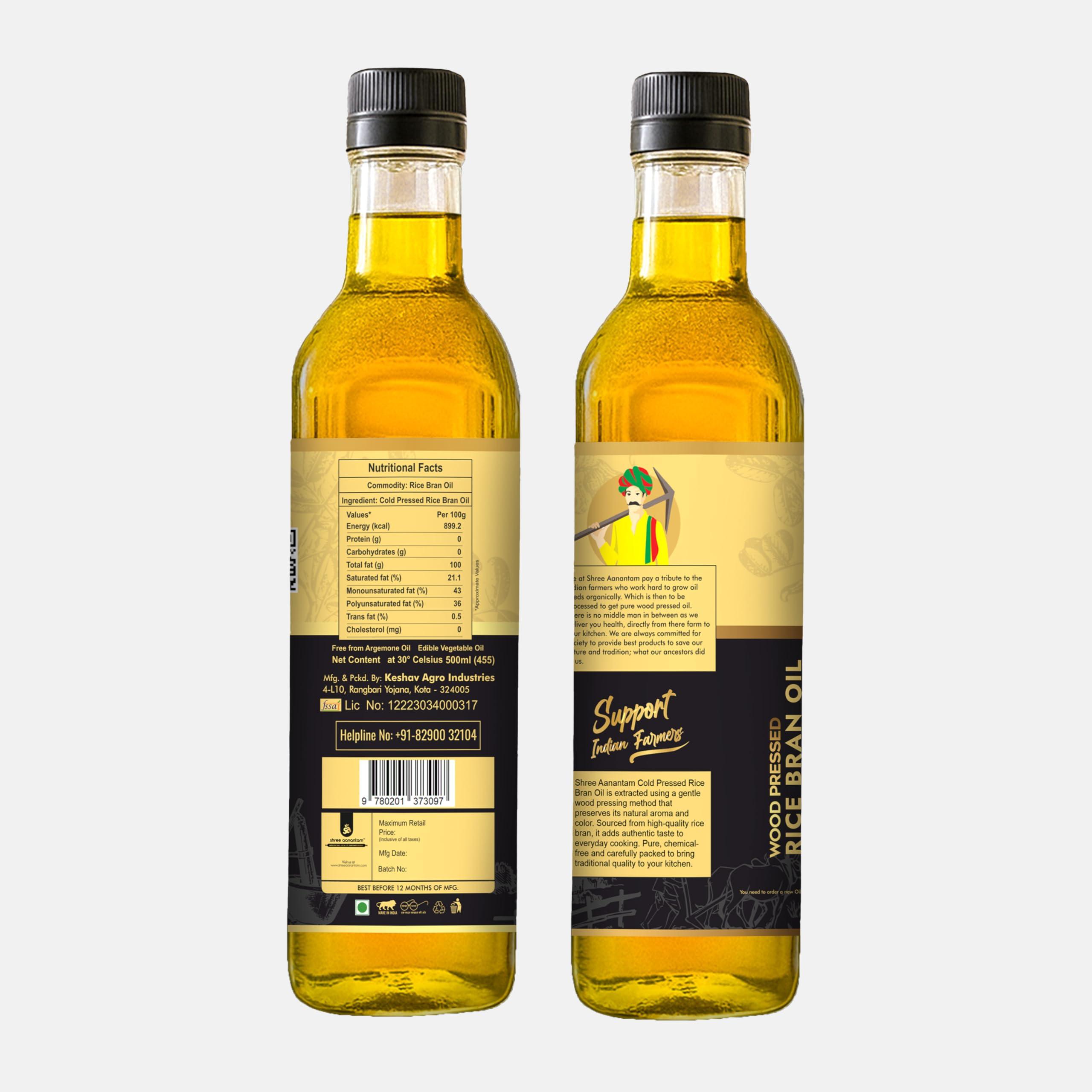 Shree Aanantam Shree Aanantam Cold Pressed Rice Bran Oil - 5 Litre | Bottle | Kolhu/Kacchi Ghani/Chekku | 100% Pure & Natural | Chemical-Free | Wood Pressed Rice Bran Oil for Cooking - 5L (Pack of 1)