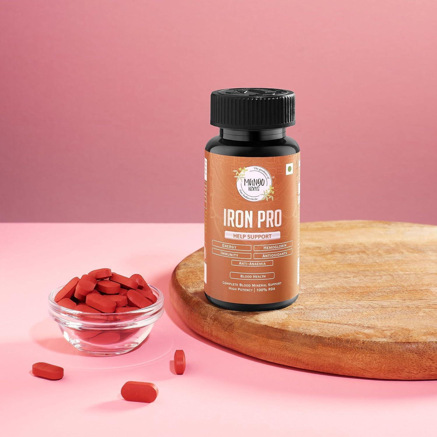 MANGO HERBS Mango Herbs Iron Pro: Iron Deficiency Supplement | Chelated Iron Bisglycinate, Vitamin B12, Folic Acid, Vitamin C & Zinc| Fights Anemia, Low Hemoglobin levels, Fatigue, Weakness & Strengthens Immunity | 60 Veg Tablets