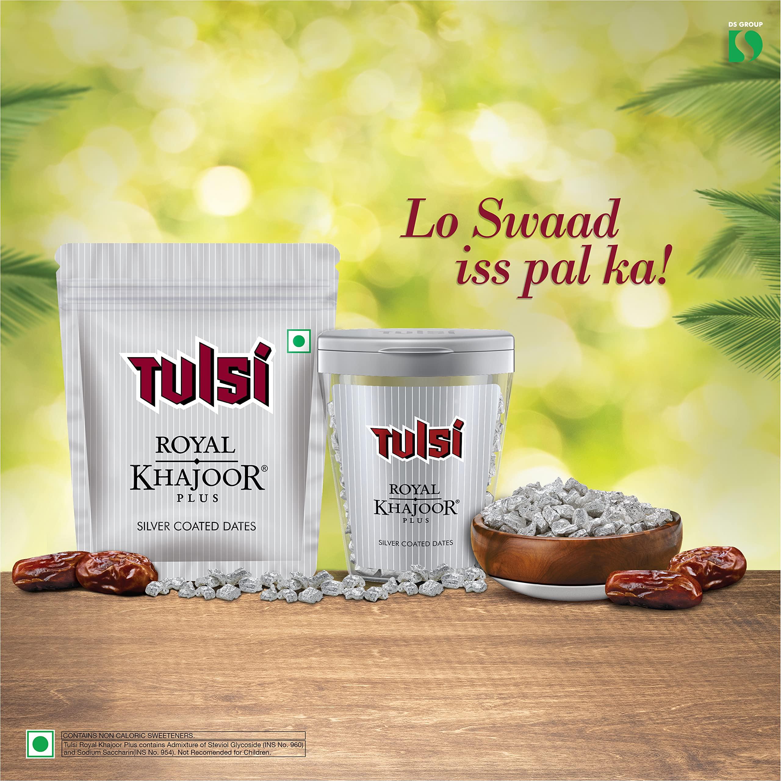 Dharampal Satyapal Foods Limited Tulsi Royal Khajoor Plus | Pack of 6 (30g x 6) | Silver Coated Khajoor | Dates| Mint Mouthfreshner Jar | Flip Top Pack