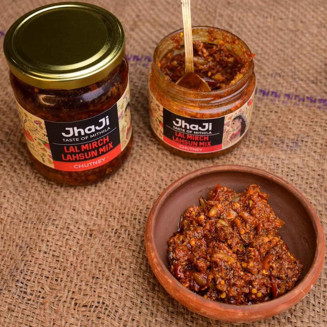 JhaJi - Taste of Mithila JhaJi - Taste of Mithila Store\'s Lal Mirch Lahsun Chutney | Bihari Style Homemade| Tangy, Spicy, Sour and Chatpata |Chopped Banarasi Lal Mirch | Sun-Dried. No Artificial Preservatives & Colors - 250g