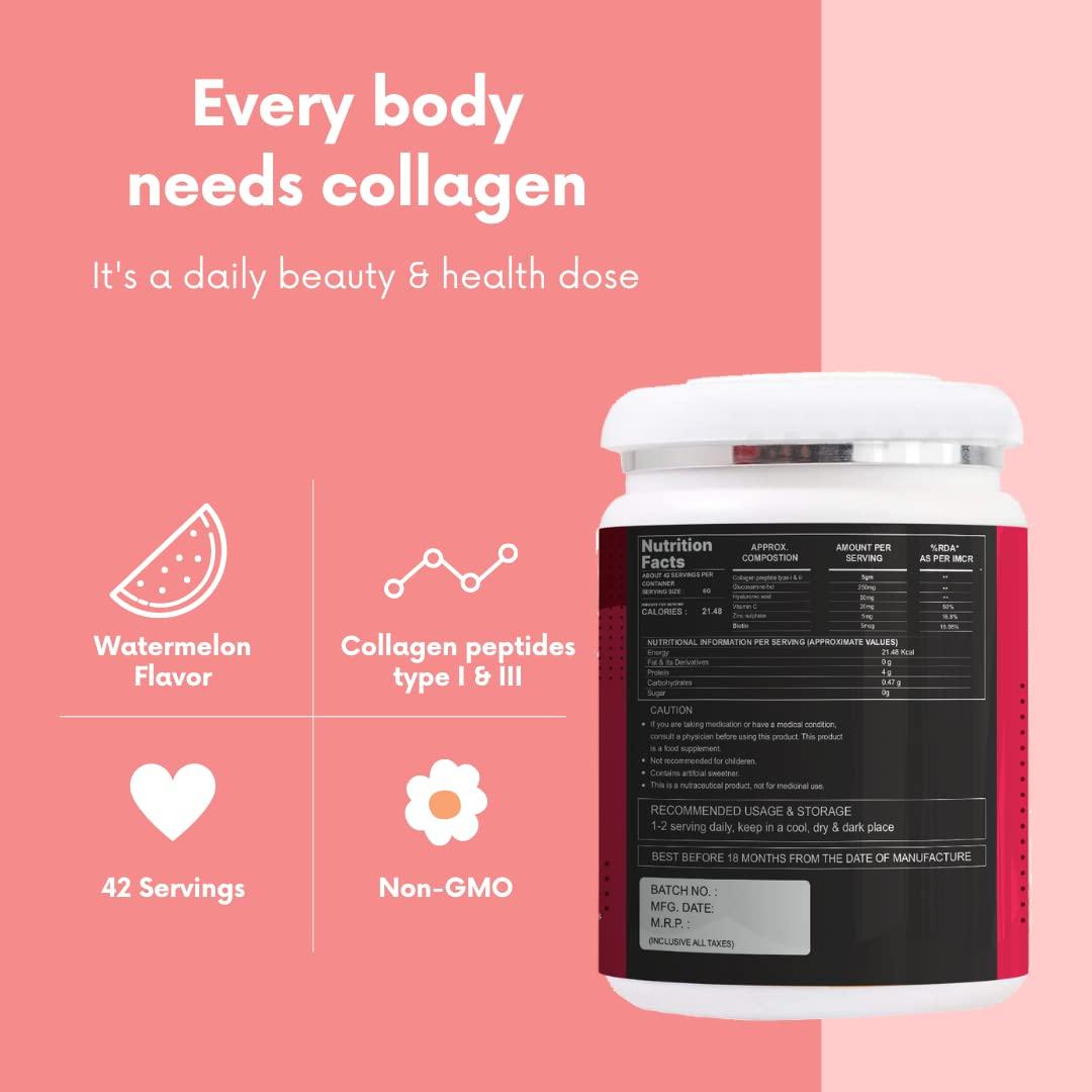 TBT The Body Temple The Body Temple Type I and III Marine Collagen with Hyaluronic Acid, Biotin & Vitamin C - No Smell - Easy to Mix - For Skin, Hair & Nails 250gm (Watermelon)