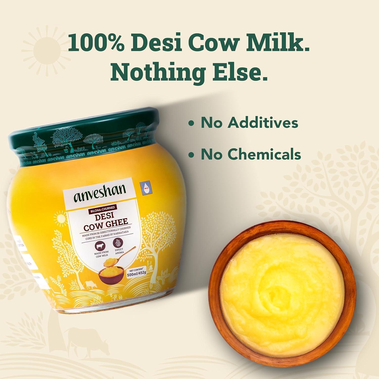 Anveshan Empowering farmers with technology Anveshan A2 Desi Cow Ghee (500ml x 2 Jars) | Glass Jar | Bilona Method | Curd-Churned | Pure, Natural & Healthy | Lab Tested | Grass-Fed Cultured Ghee