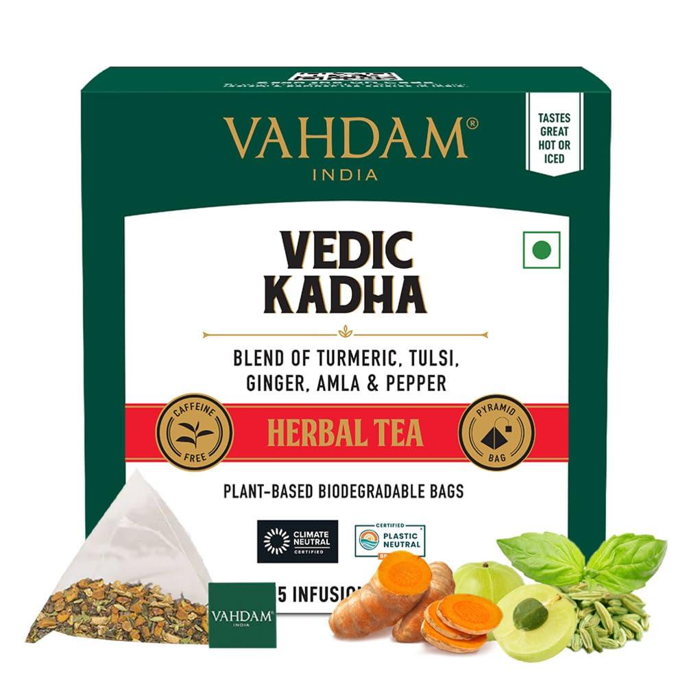 VAHDAM VAHDAM, Vedic Kadha Herbal Tea Bags (15 Count) Caffeine Free, Non-GMO, Gluten-Free | 100% Pure Herbal Tisane - Earthy & Savory | Individually Wrapped Pyramid Tea Bags | Direct from Source