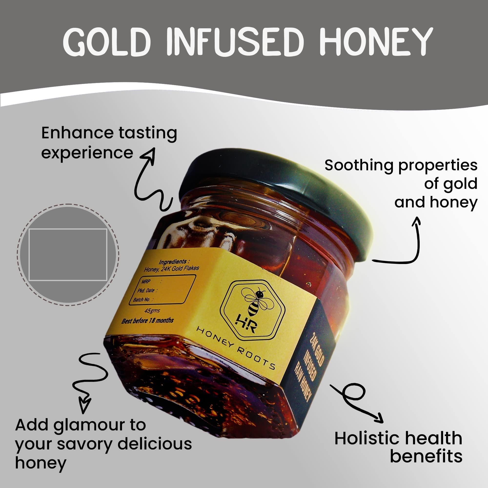 HRHONEYROOTS HR HONEY ROOTS Natural Raw Unprocessed Honey Infused with 24k Gold Flakes - 45gm of Pure Bliss and Exquisite Taste