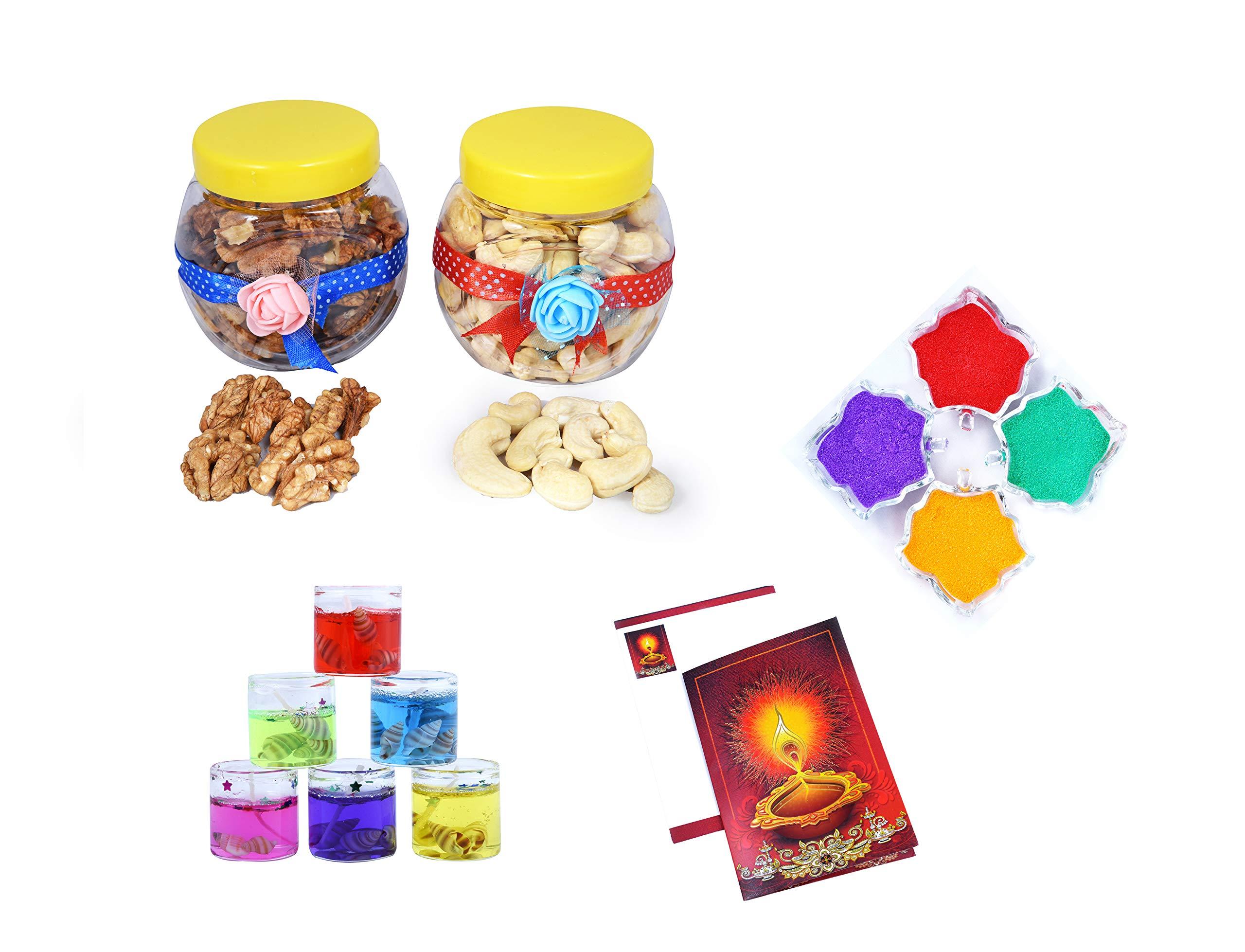 MANTOUSS MANTOUSS Diwali Dry Fruit Decorated Jar-Cashew and Walnut(100gms Each),200 GMS + 2 Gel Filled Glass Candle, Diwali Greeting Card and Rangoli Colours