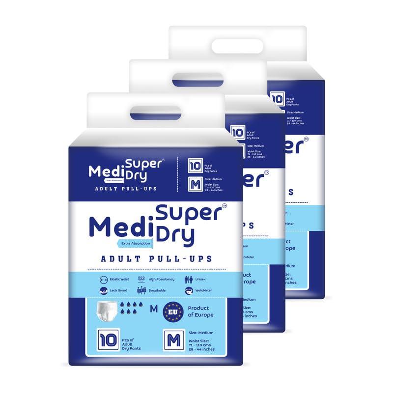 MediSuperDry MediSuperDry Adult Diaper Pants, Unisex -Medium (M) Size, Adult Pull-Ups, High Absorbency, Leak Proof, Overnight Protection, Elastic Waist Size (71-110 Cm | 28-44 Inches), 30 Pieces, Pack Of 3