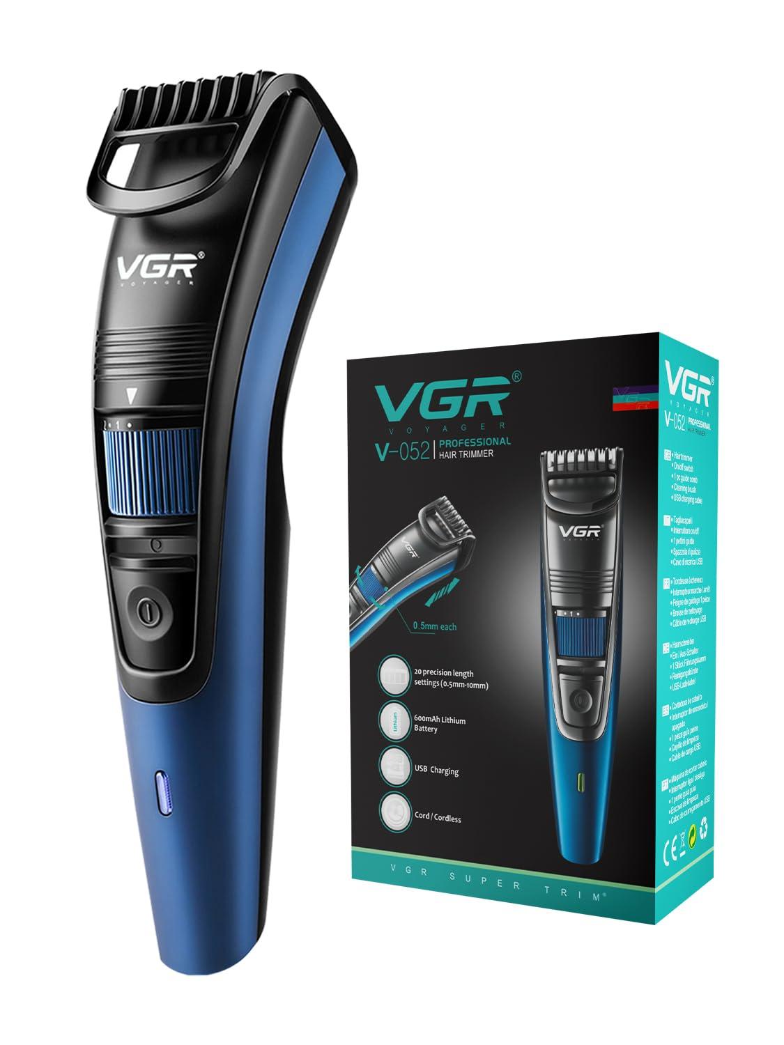 VGR VGR V-052 Professional Hair Trimmer for men  Adjustable Length Settings (0.5-10mm), USB Rechargeable, Cord/Cordless Operation, Washable Head, Includes Guide Comb & Cleaning Accessories (Blue)