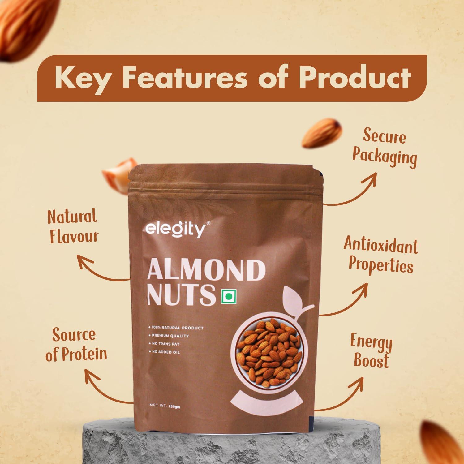 ELEGITY Elegity 100% Natural Plain California Almonds Pouch 250 gm | Nutritious & Delicious Badam | High in Fiber & Boost Immunity | Rich in Protein, Tasty Nuts | No Preservatives Added in Dry Fruit