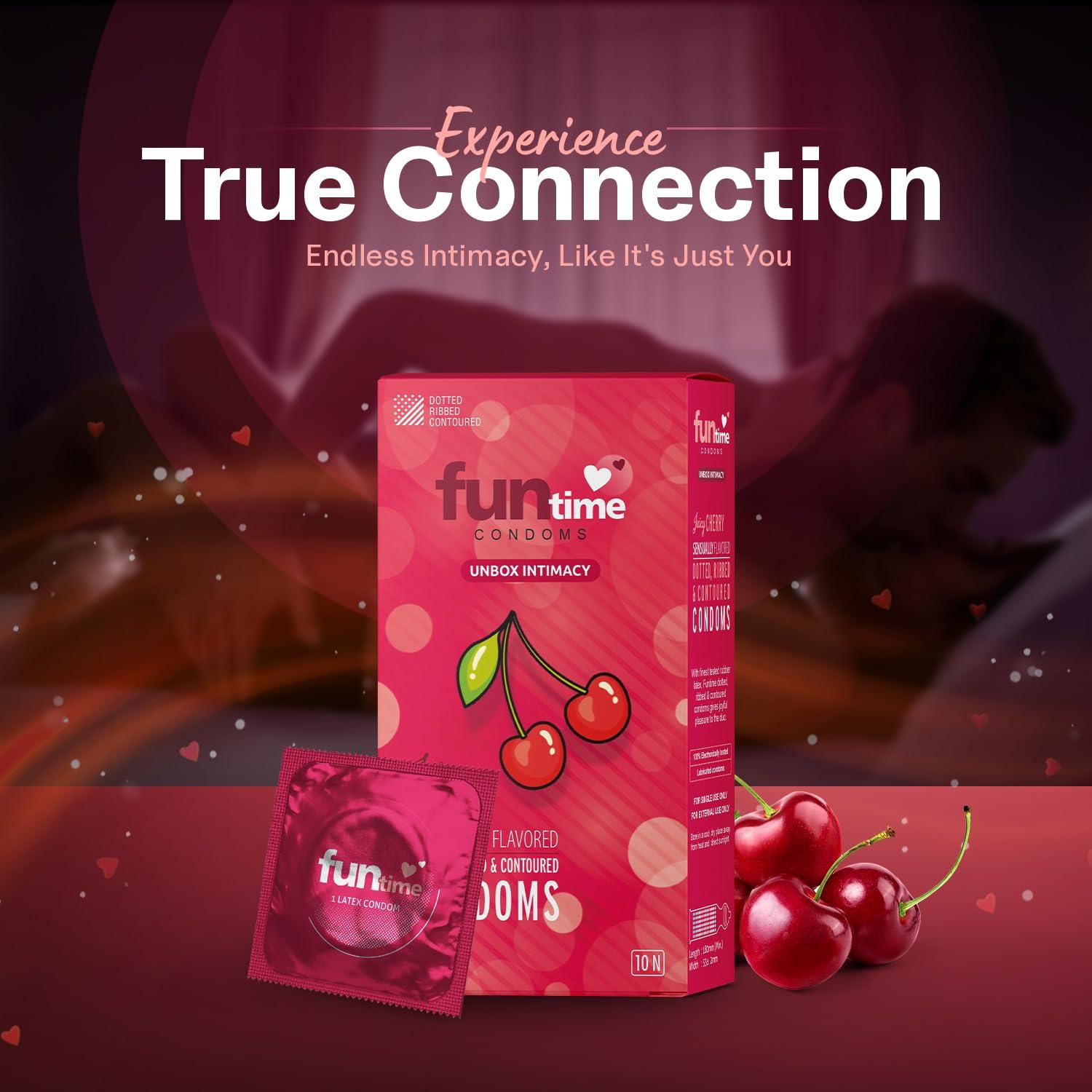 FUNTIME Funtime Dotted Condoms with Juicy Cherry Flavor  Ribbed & Contoured for Extra Pleasure, Finest Natural Latex, Skin-Safe Lubrication, 100% Electronically Tested Count 10 - Pack of 3 (Total 3 Condoms)