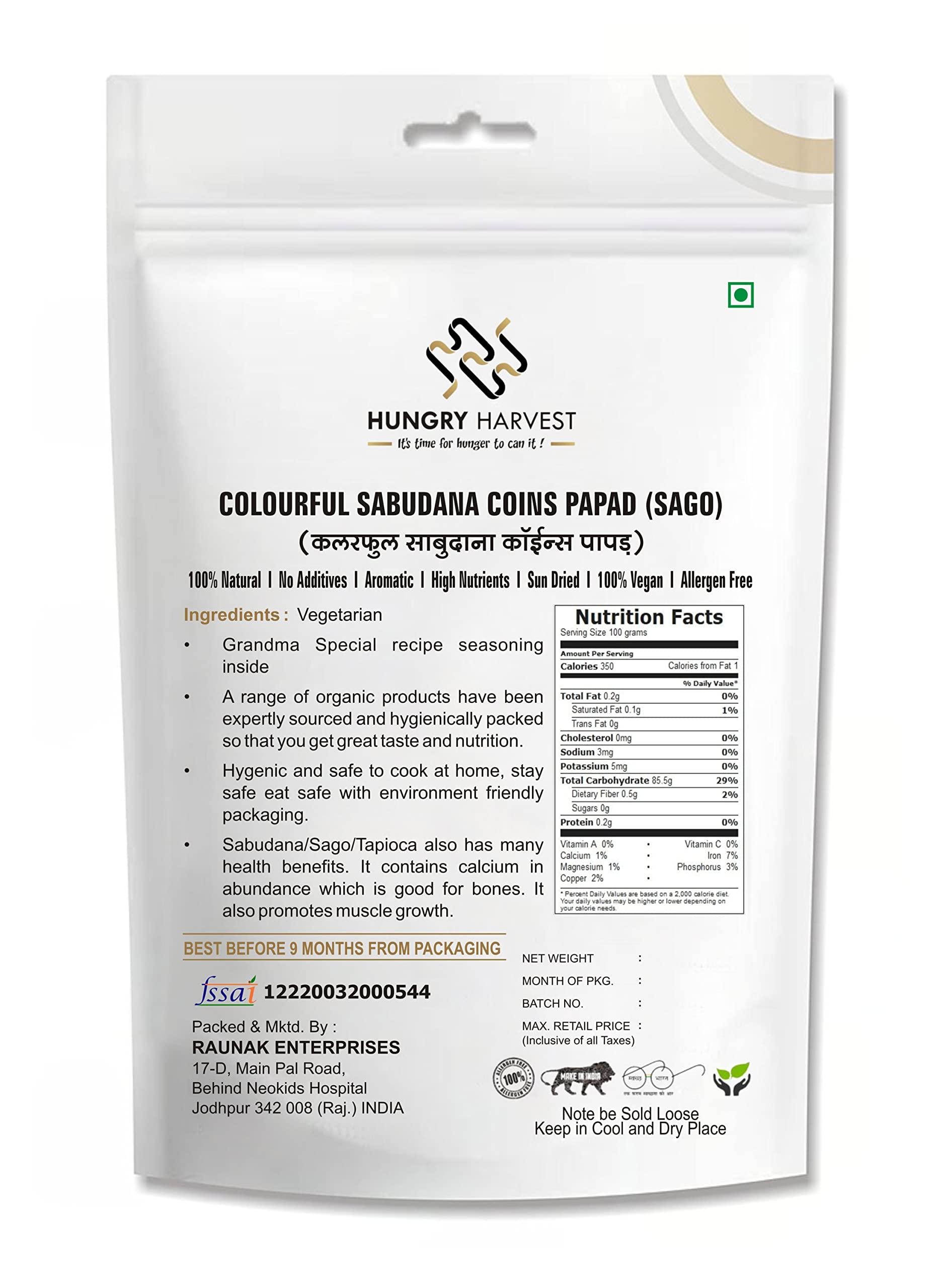 HUNGRY HARVEST Hungry Harvest Sabudana Papad (Natural Color) 100% Gluten Free Natural and Organic Tapioca Extract Rice papad fryums Chips Snacks Ready to Cook air Fry or Microwave 900 Gram