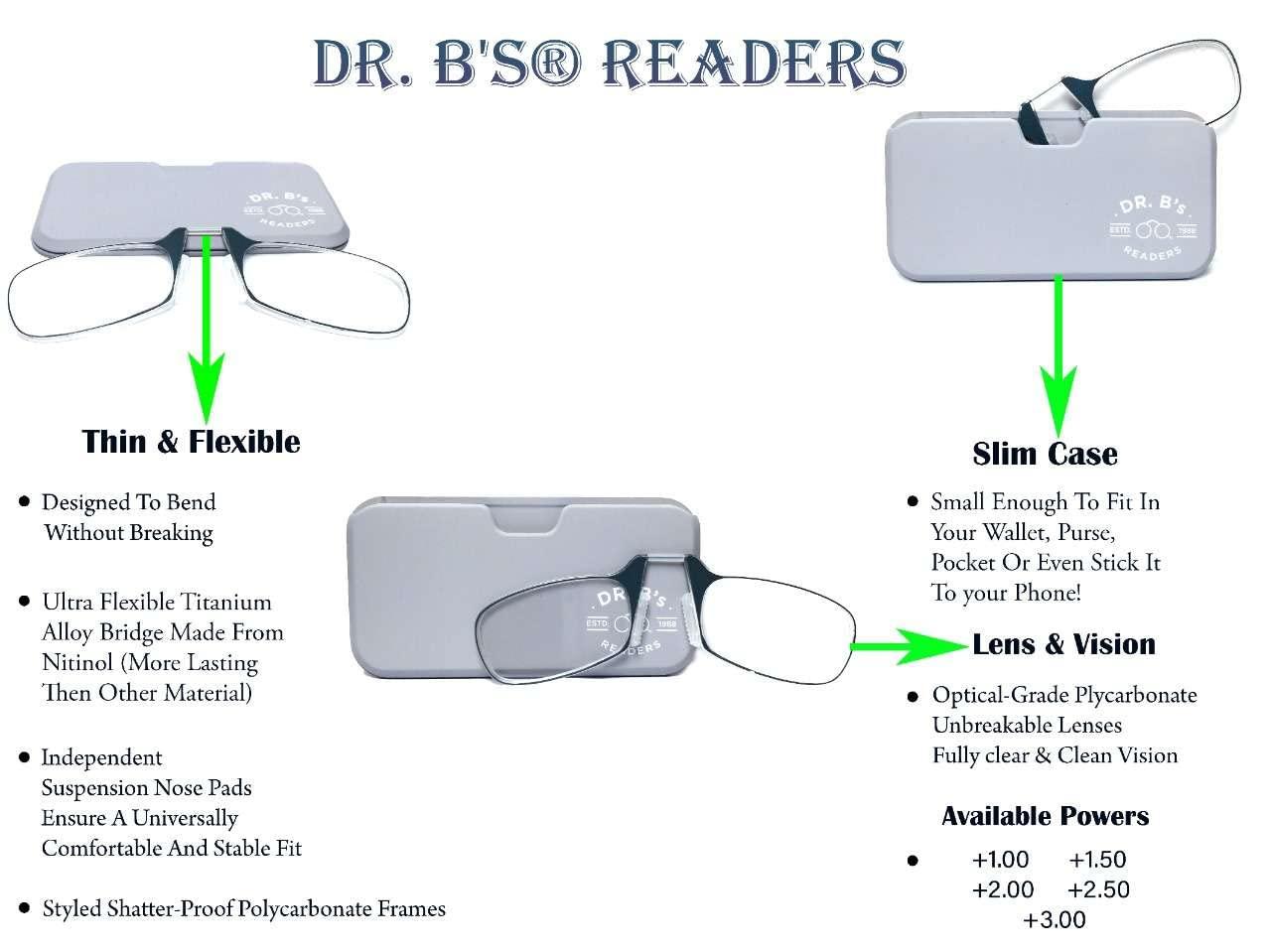 DR. B\'s Readers DR. B\'s Readers Nose Resting Reading Glasses Protection from Screen Glare | Reduce Eye Strain & Fatigue Oval Eyeglasses Lightweight Frame with Pod Case for Men & Women (Grey + 1.50)