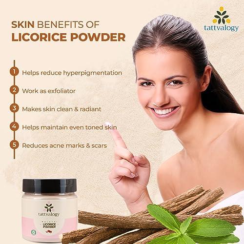 Tattvalogy Tattvalogy Licorice Root Powder | Mulethi Powder | Yashtimadhu | Glycyrrhiza glabra | 100% Pure & Natural | Facial Mask | For Hair and Skin Care | Defence From Acne & Pimples | In Glass Jar - 100 GM