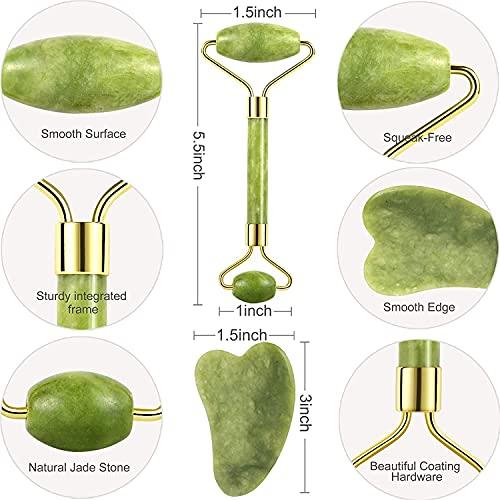 KILO COOL HVAC Jade Roller and Gua Sha Set for Beautiful Skin Detox - Facial Body Eyes Neck Massager Tool Reduce Wrinkles Aging - Original Natural Jade Stone