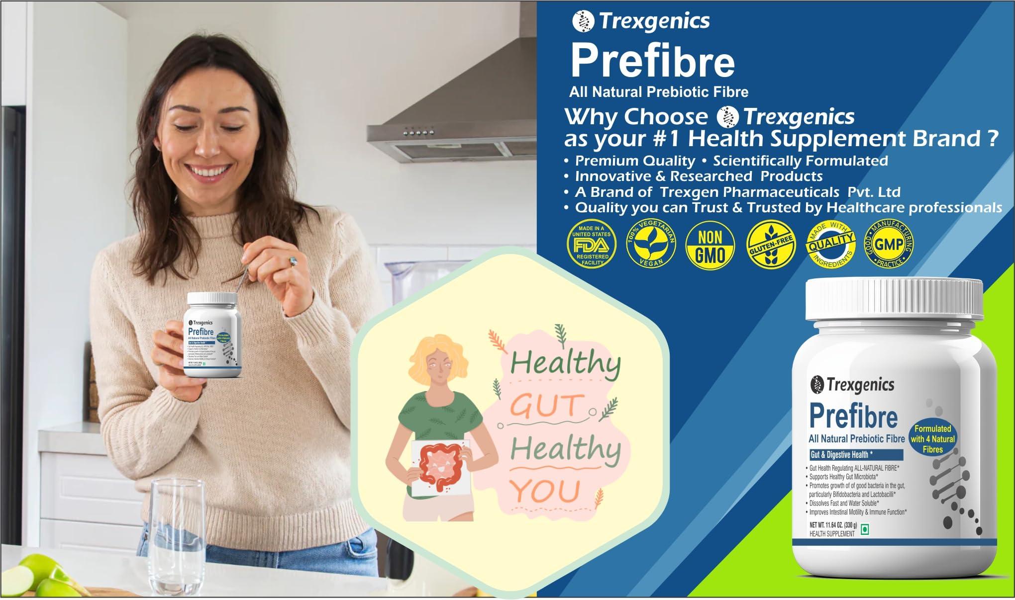 Trexgenics Trexgenics PREFIBRE 4X Natural PREBIOTIC FIBRES -Digestive & Gut Health Support, Frutafit HD Inulin, Fossence Fructooligosaccharides, Sunfiber PHGG & Gum Acacia Fibre, VEGETARIAN(330 gram) (Pack of 1)