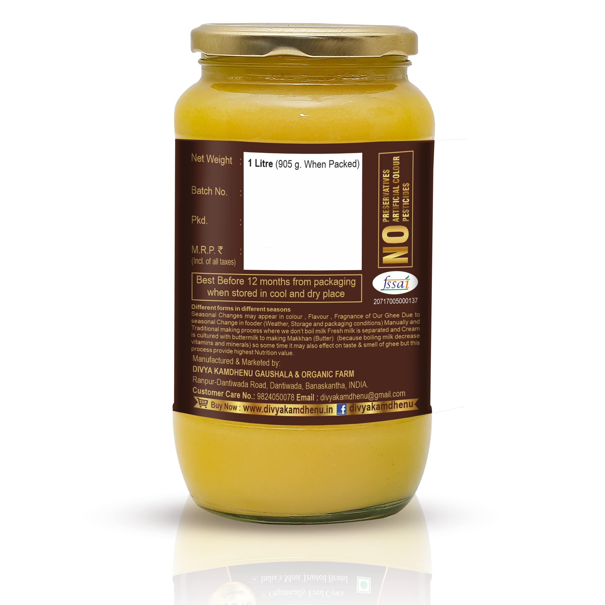 DIVYA KAMDHENU Divya Kamdhenu Cow A2 Ghee Cream Bilona Method (1L) Gir Cow Ghee, Organic, Grassfed, Cultured, Traditional Ghee, Desi Cow Ghee, Glass Bottle, 1 Litre Ghee 100% Pure Non GMO