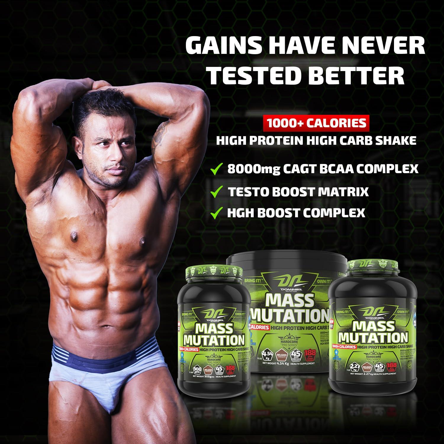 DN DOMIN8R NUTRITION DN Mass Mutation Weight Gainer, 908 g (2 Lbs), Belgain Chocolate, High Protein Mass Gainer, 45g of Protein Per Serving With TESTO Boost | HGH Boost| CGT Bcaa Complex