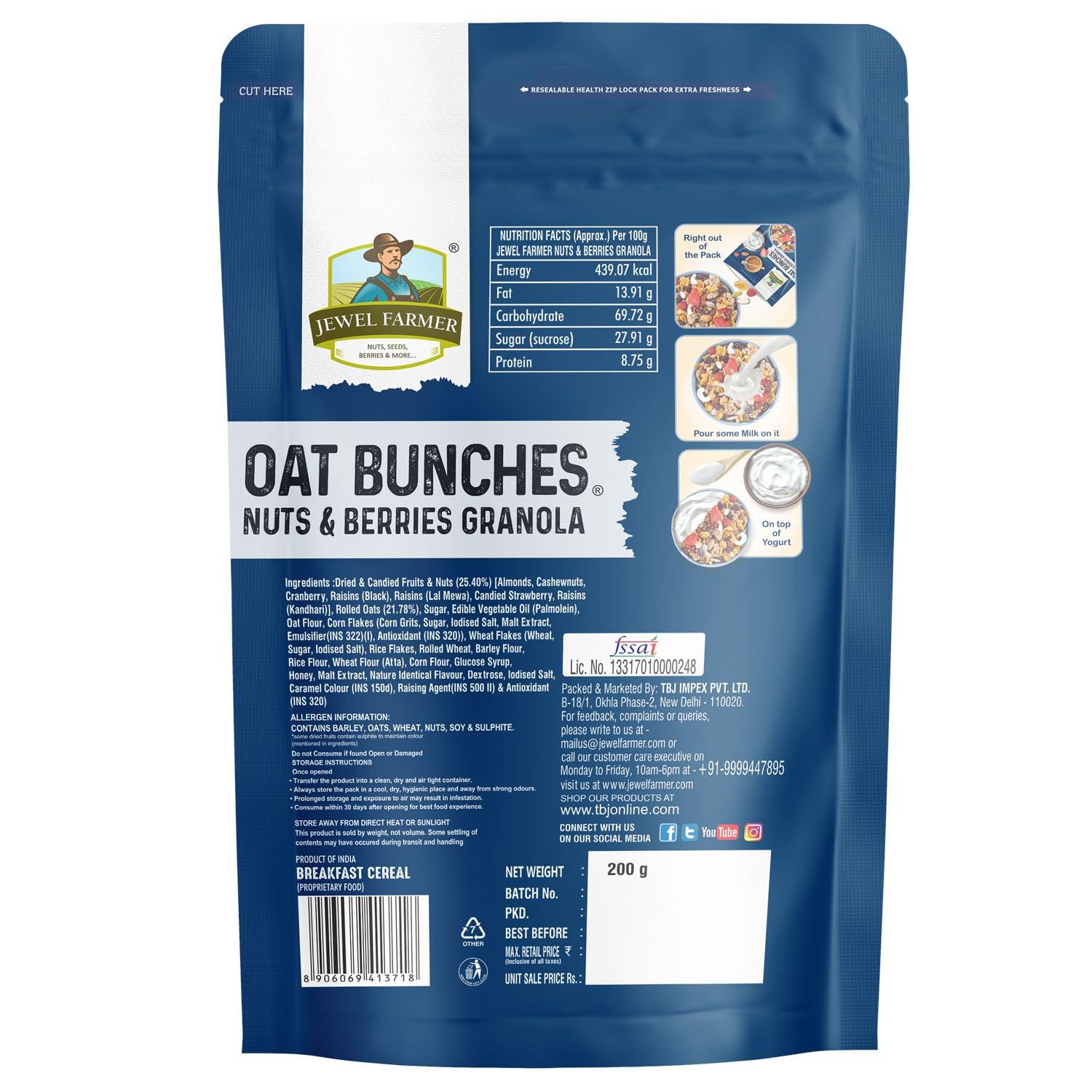 JEWEL FARMER Jewel Farmer Oat Bunches Nuts & Berries Crunchy Granola 200 gm With Oats, Multigrains | No Preservative | Vegan & Plant Based | High in Fibre & Protein | Breakfast Cereal Can Be Consumed As Muesli