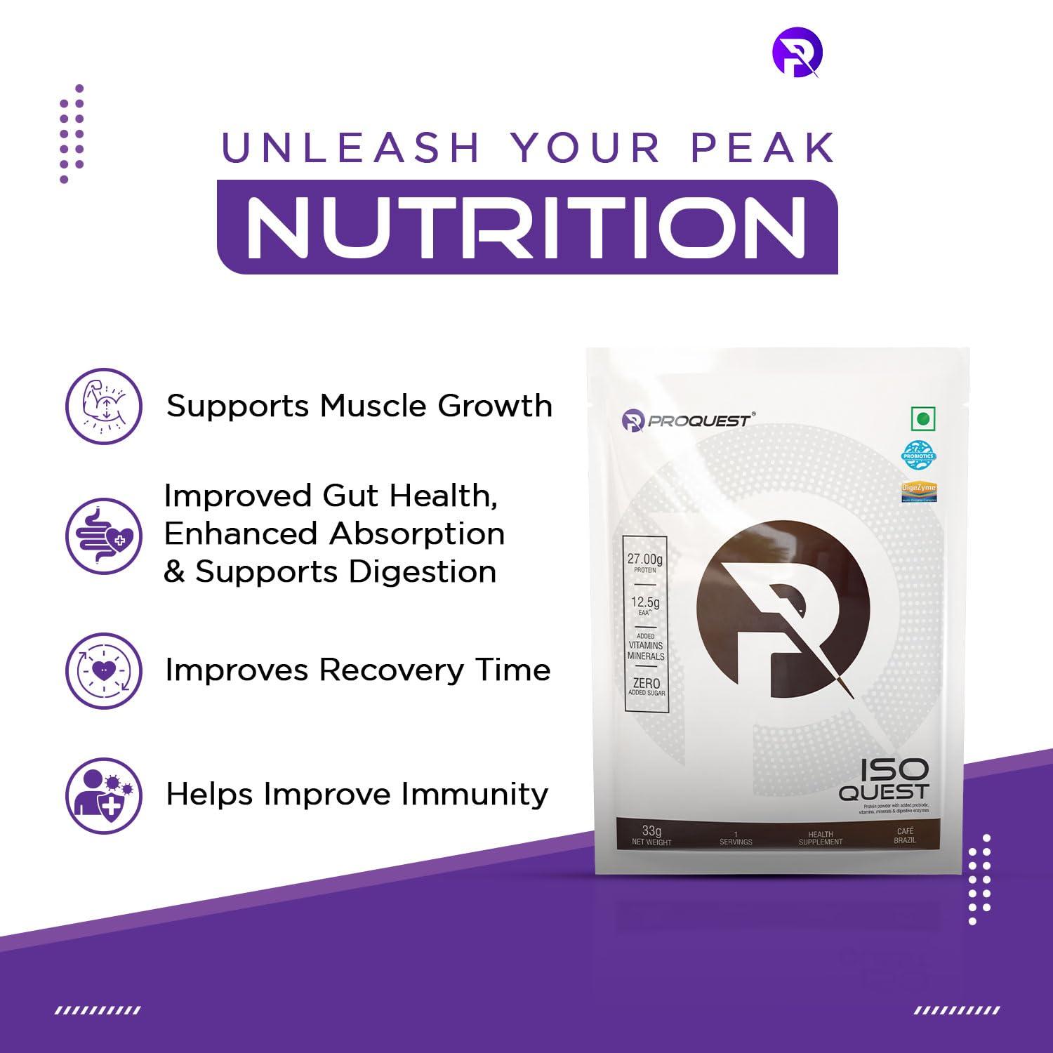 PRO QUEST ProQuest Iso Quest Whey Protein Isolate (Caf Brazil, 33g / Single Serving Sachet) | 27g Protein Per Scoop | Low Fat & 12.5g EAA | Lab Tested & Easily Digestive | Faster Muscle Support & Recovery