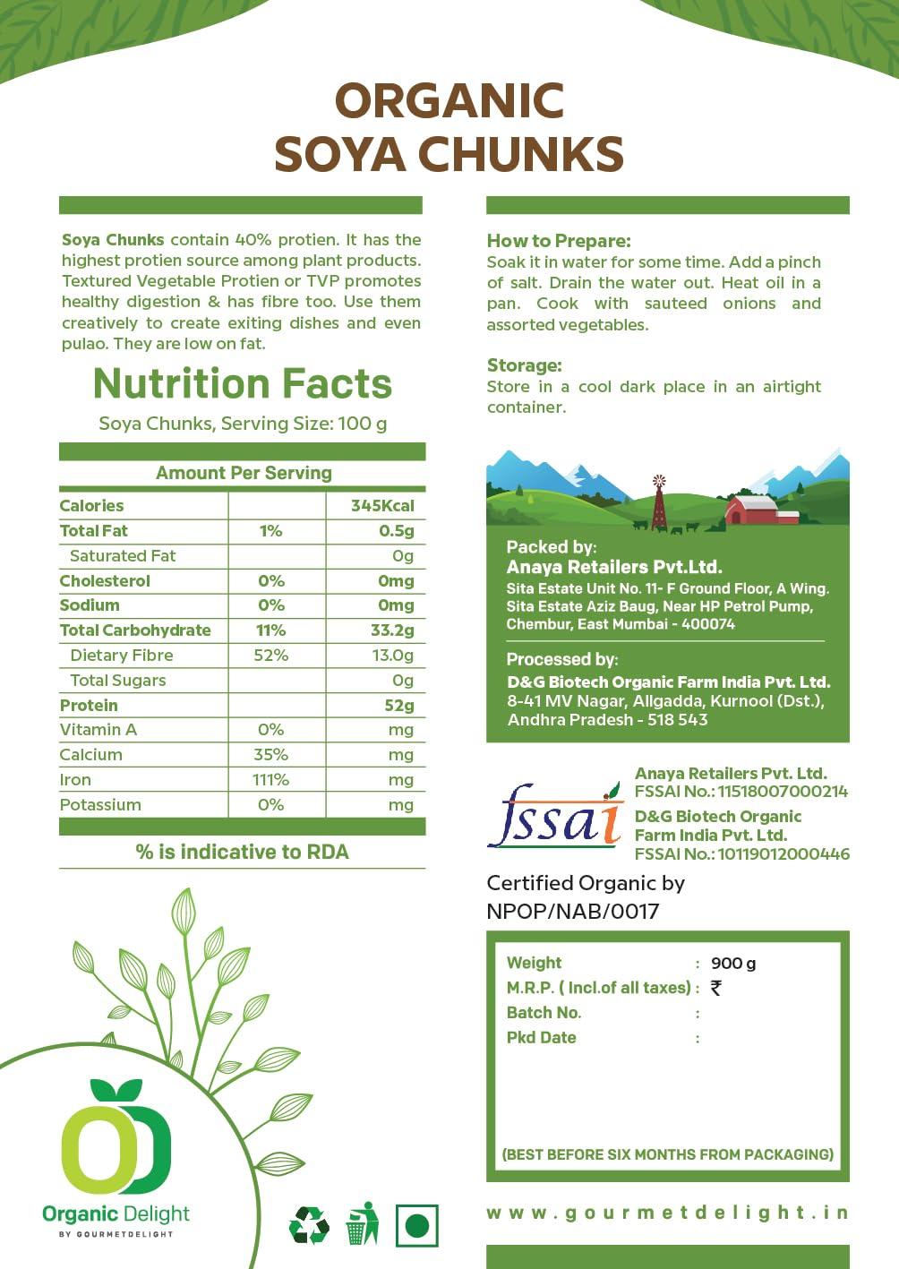 Organic Delight Organic Soya Chunks Big 900gm By Organic Delight USDA Certified Healthy & Tasty Soya Bean Chunks With Natural High Protein Source Of Dietary High Fiber Fresh Soya Wadi 900 gm